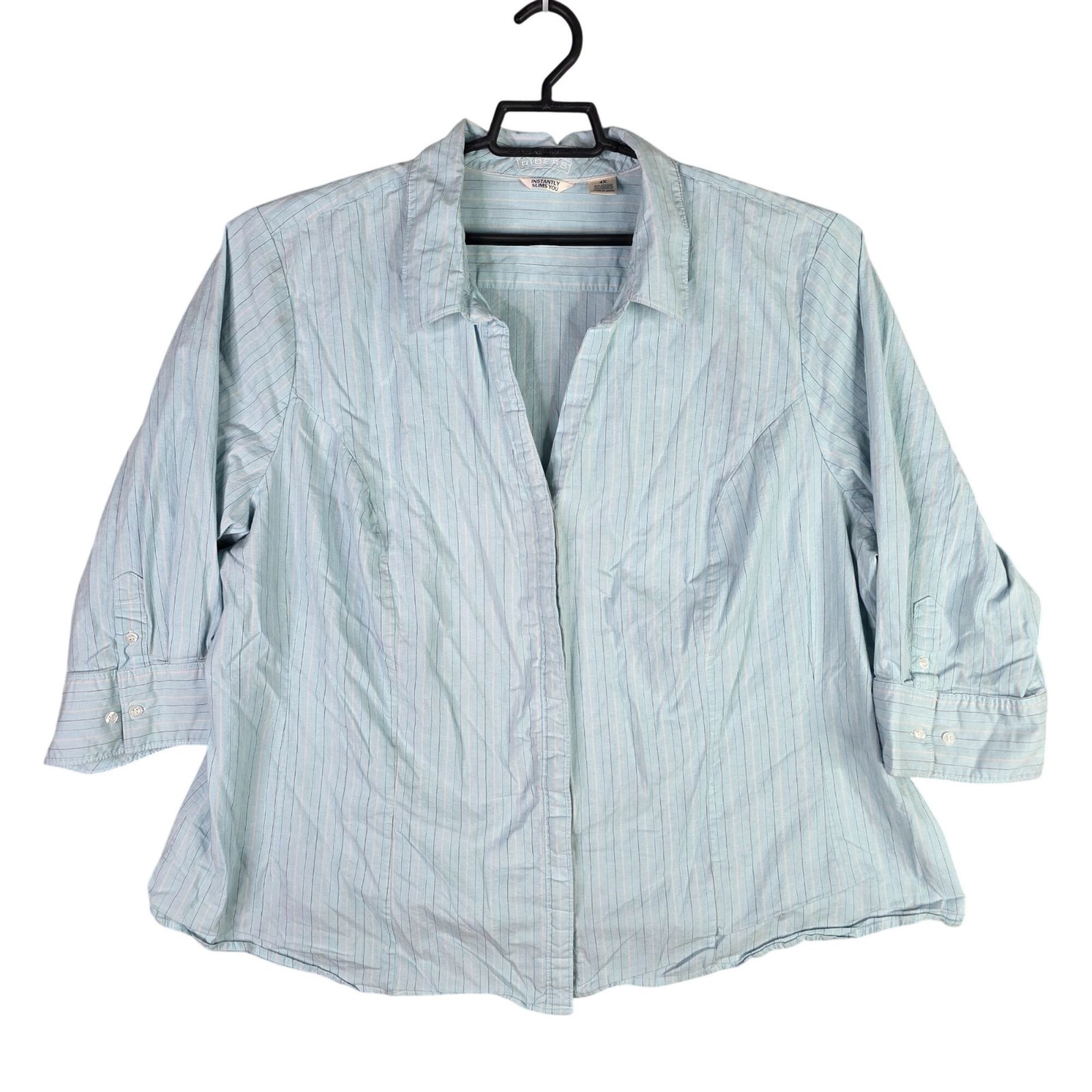 Womens Lee Riders Blue Striped Button Up Shirt 3/4 Sleeves Cotton Blend Size 4X
