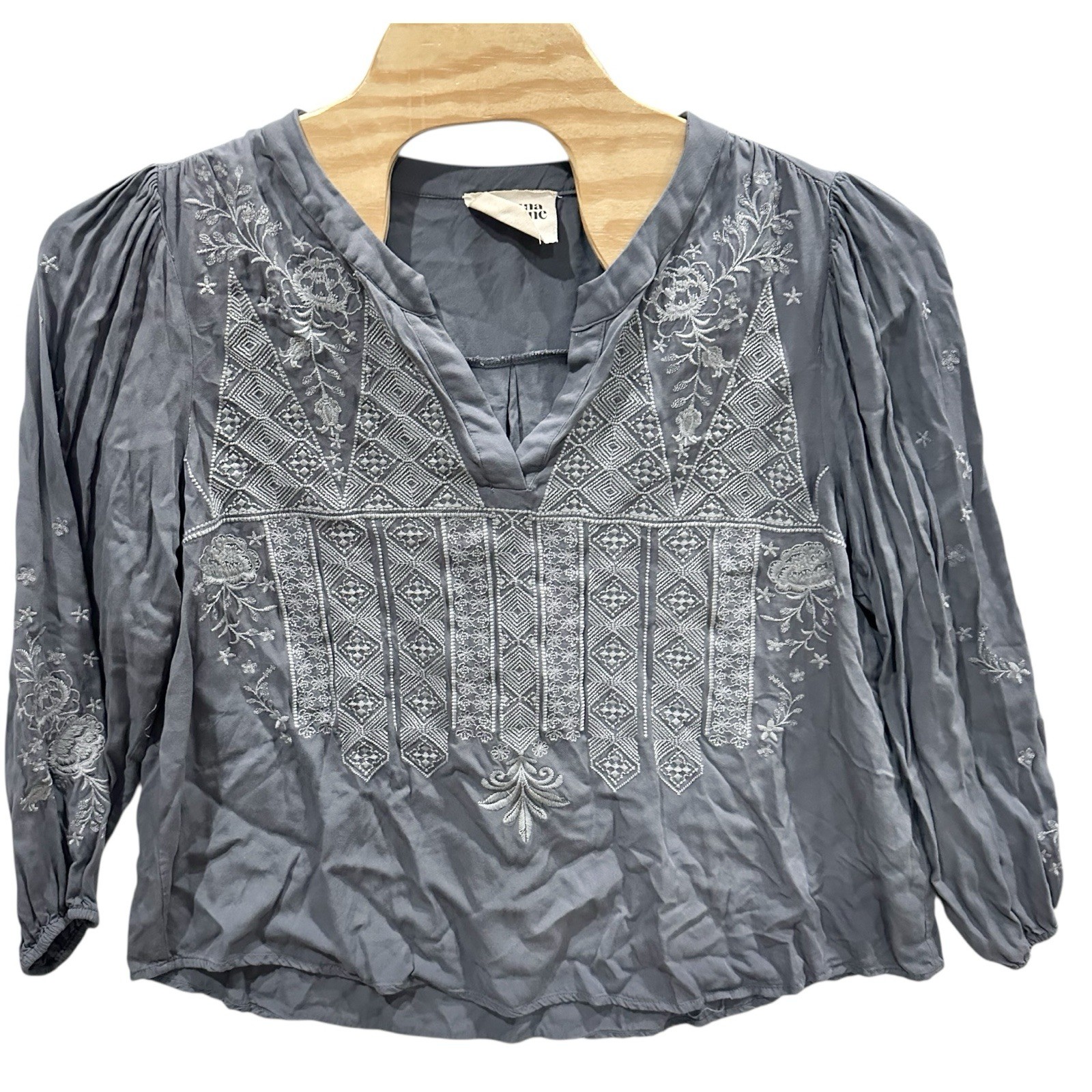 Savannah Jane Womens Top Size 2X Embroidered Gray Long Sleeve Boho Peasant