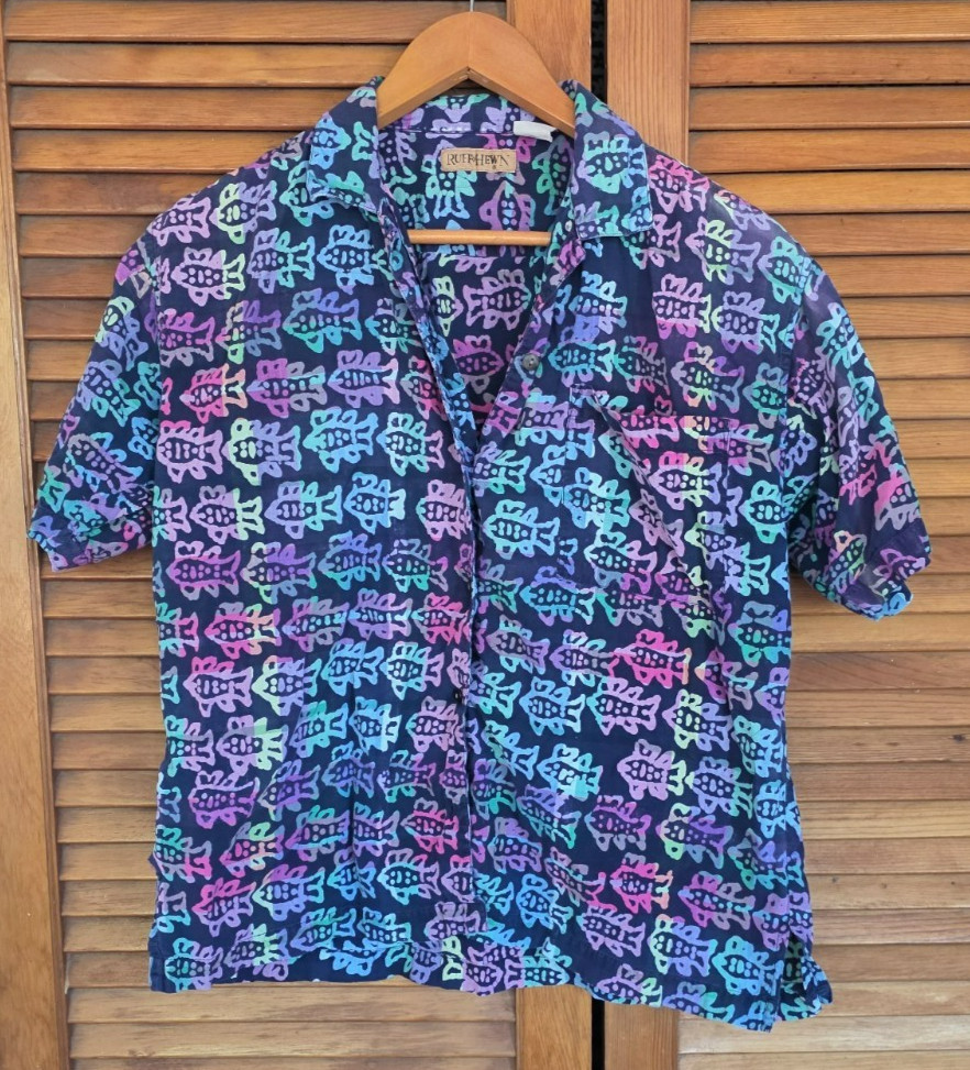 Ruf Hewn Fish Print Shirt Colorful Tropical Cotton Camp Button Up – Vintage