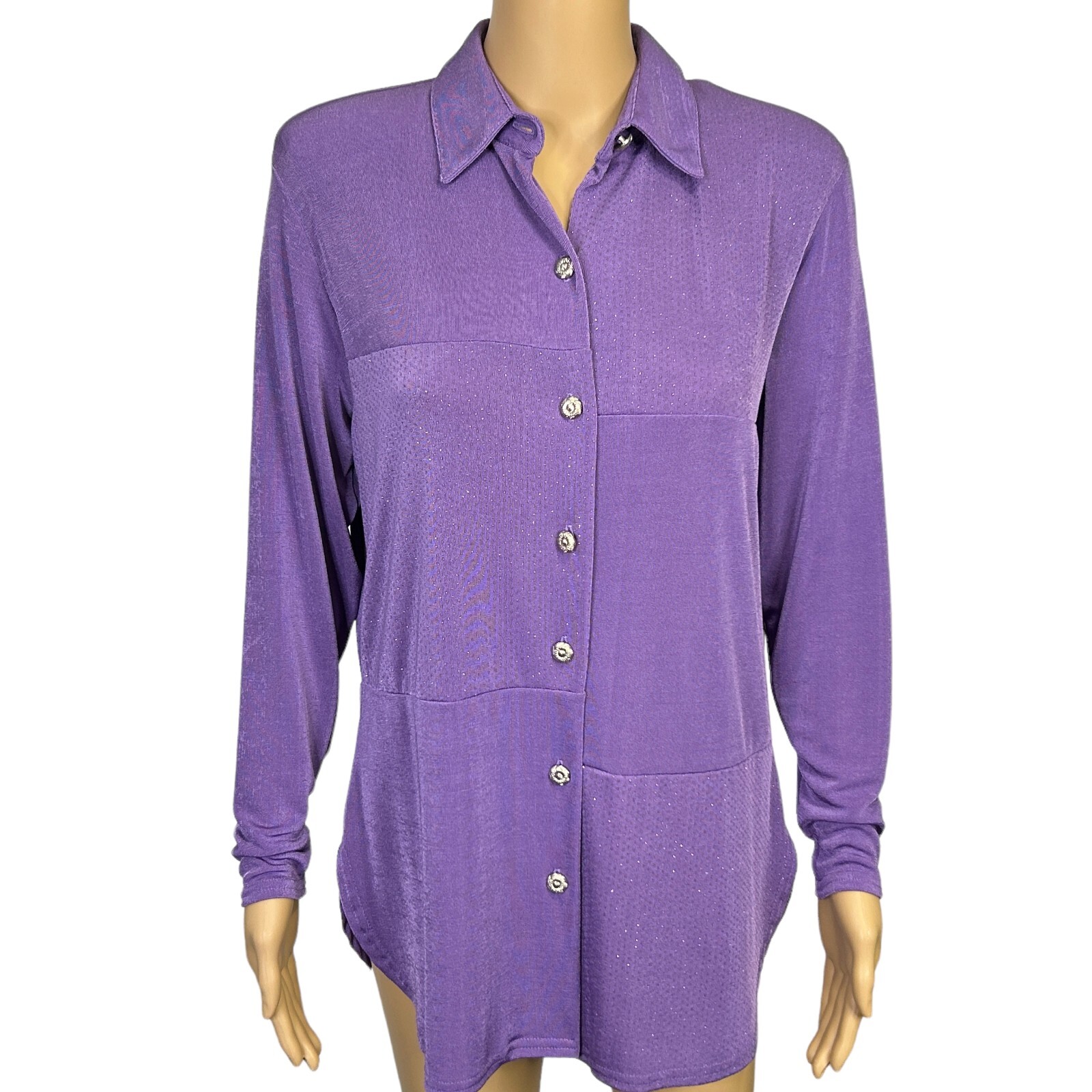 Lori of California By Am Casuals Womens S Purple Button Up Stretch Blouse Shirt