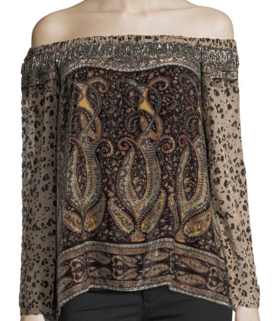 Haute Hippie Off Shoulder Silk Chiffon Paisley Long Sleeve Blouse M