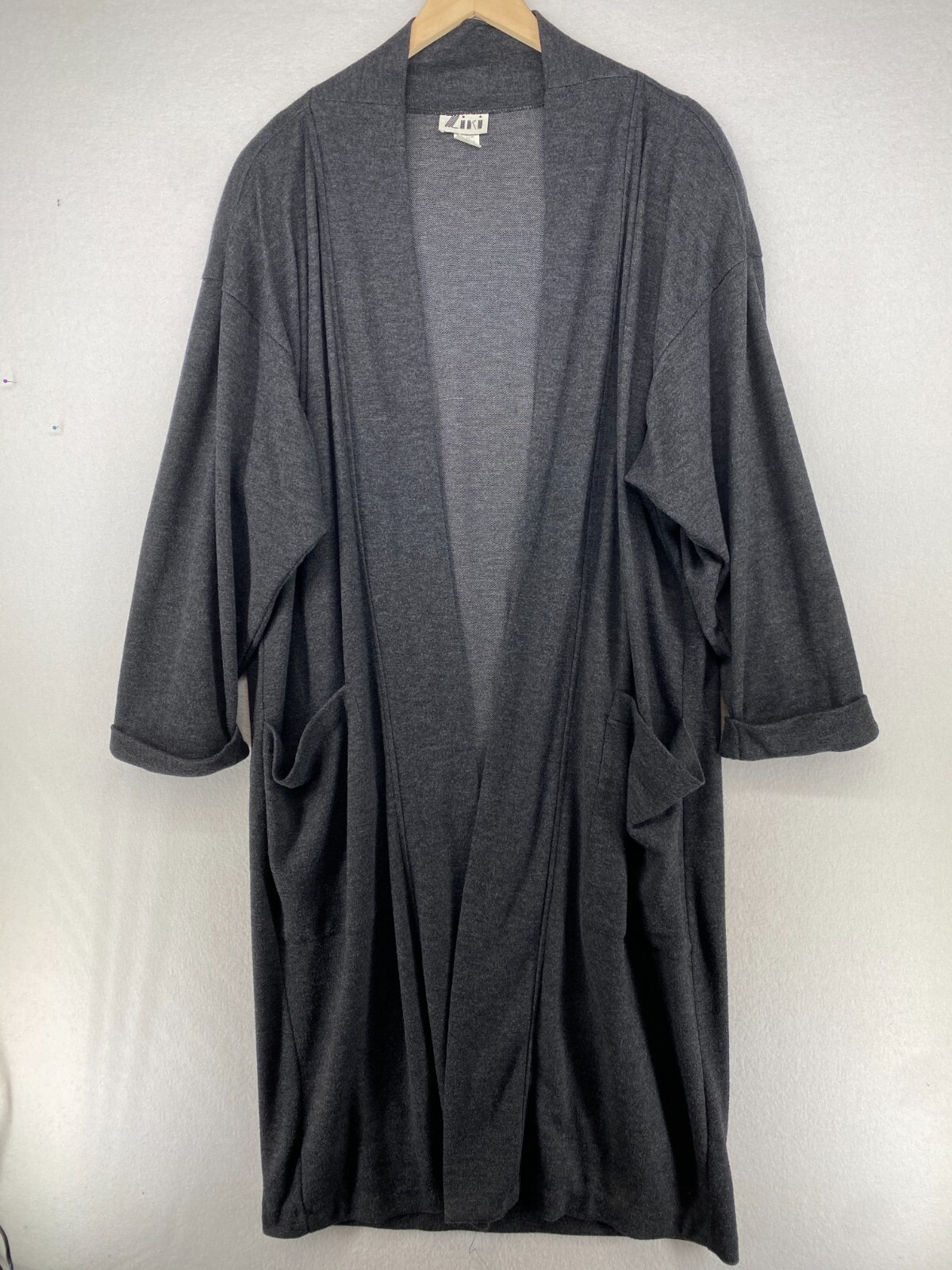 Vintage 80s ZIKI Kimono Women M Duster Cardigan Open Front Cotton Blend Gray USA