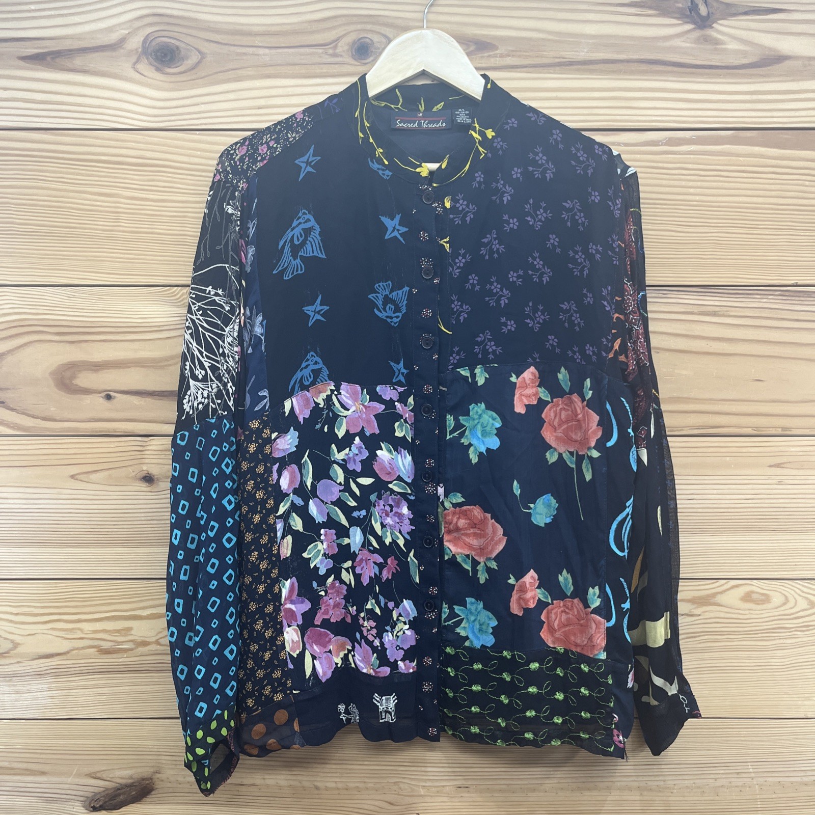 Sacred Threads Shirt Medium/Large Mixed Pattern Patchwork Rayon Fish Floral B76