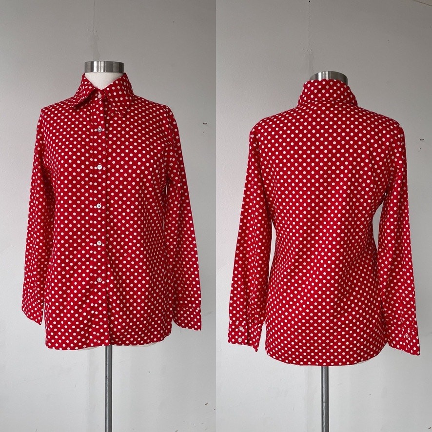 Vtg 70s Red Polkadot EVAN PICONE Collared Button Up Shirt / 14 / Retro Glam