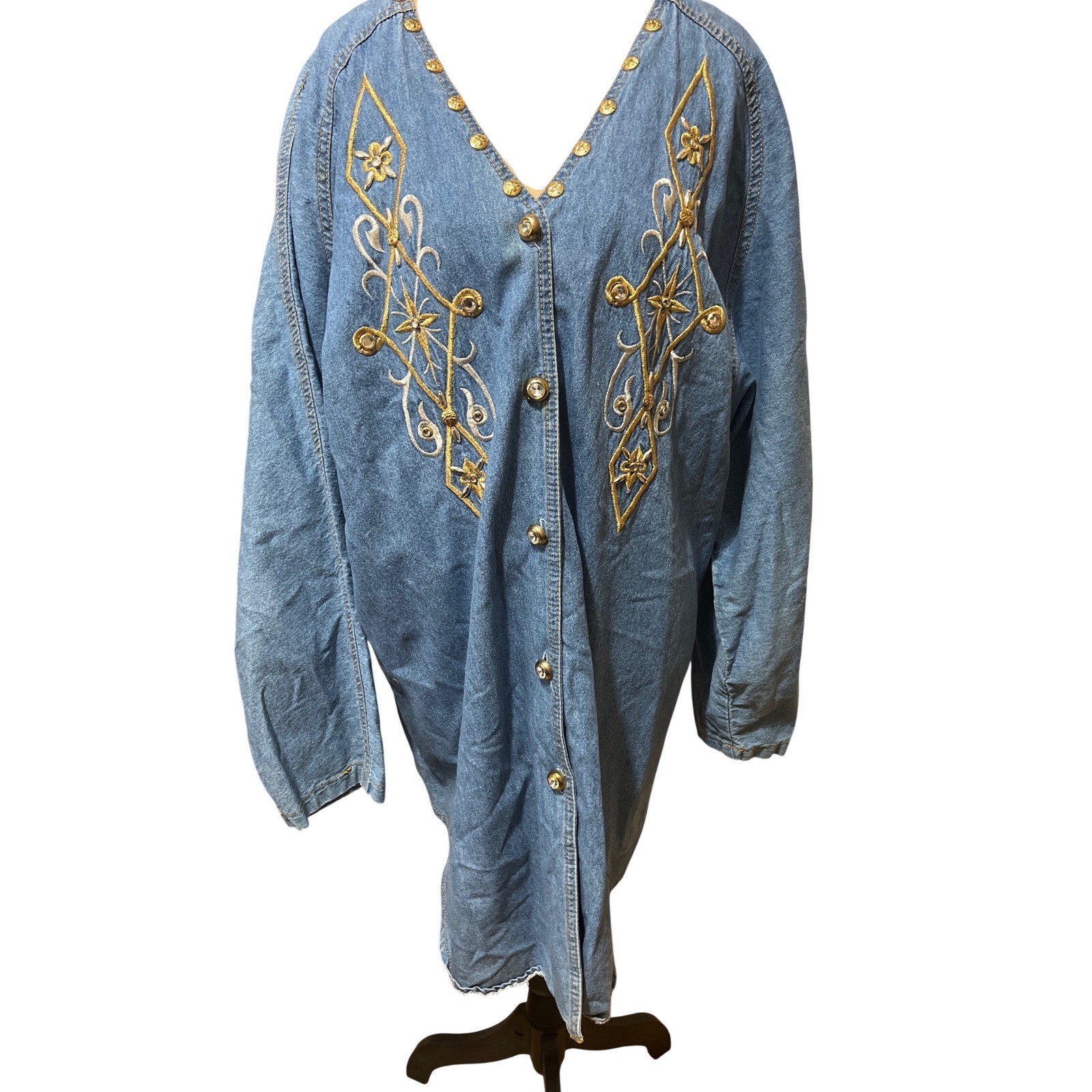 Monique Fashions Denim Button Shirt Embellished Gold Studded Embroidered 2X