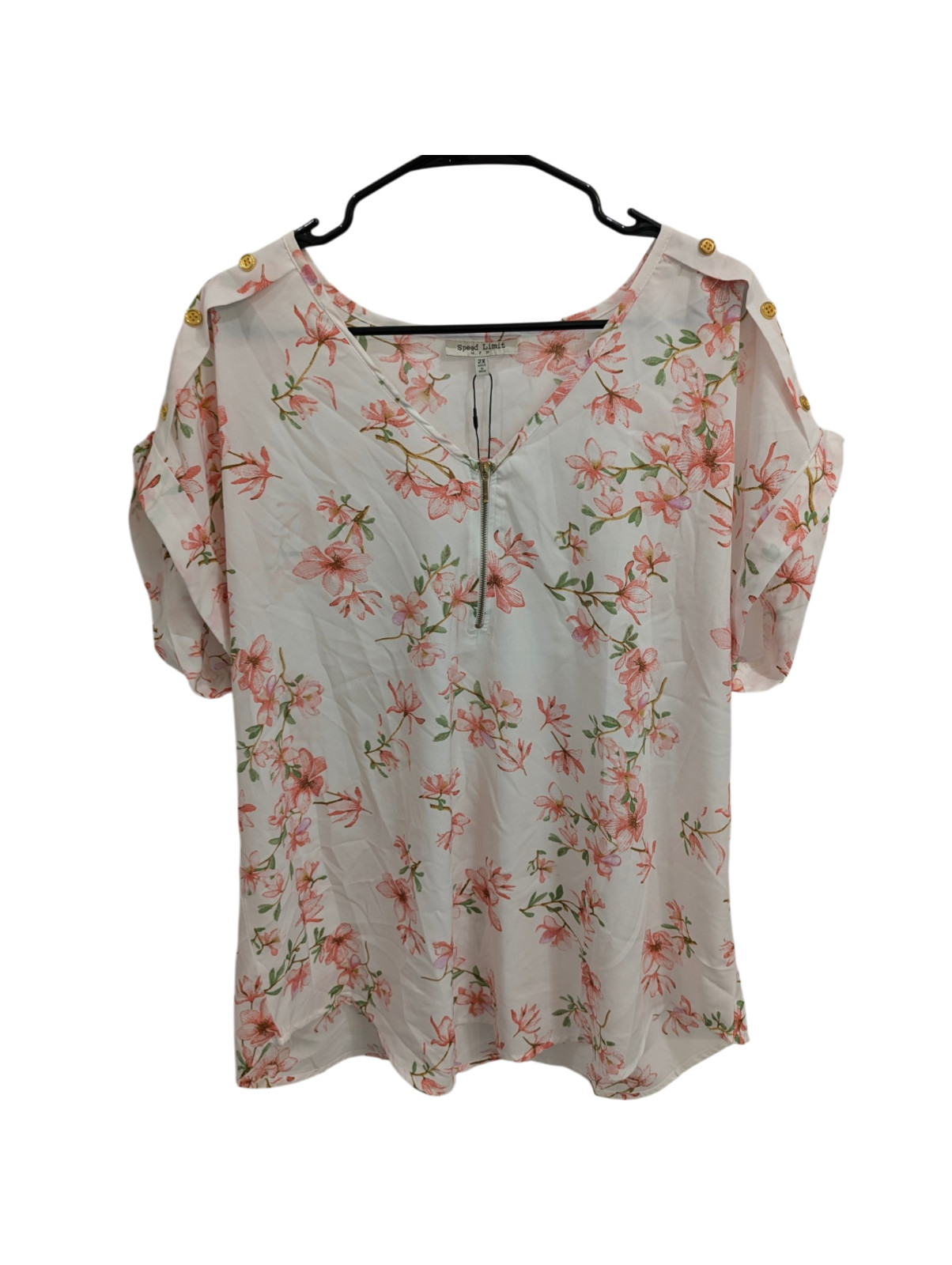 Speed Limit MPH Womens 2X Floral Blouse White Pink Zip V Neck Cold Shoulder Top