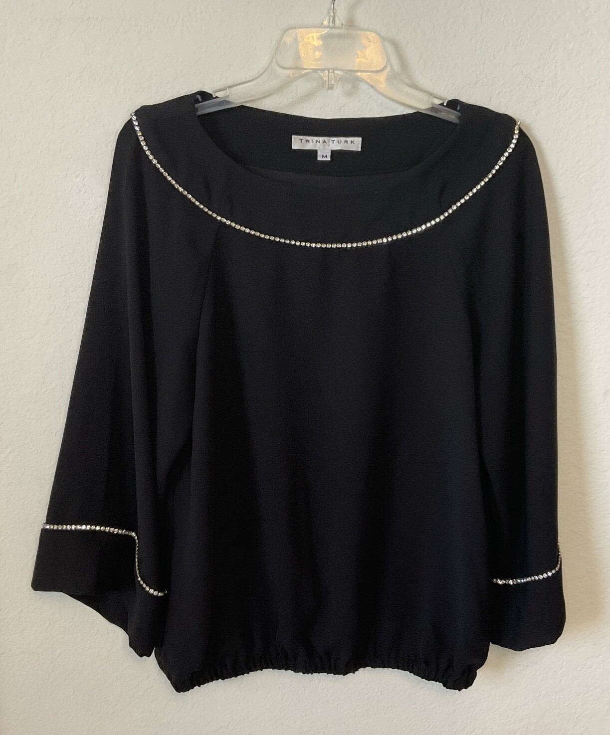 Trina Turk Rhinestone Trim Neck & Cuffs Long-Sleeve Blouse Black Size M