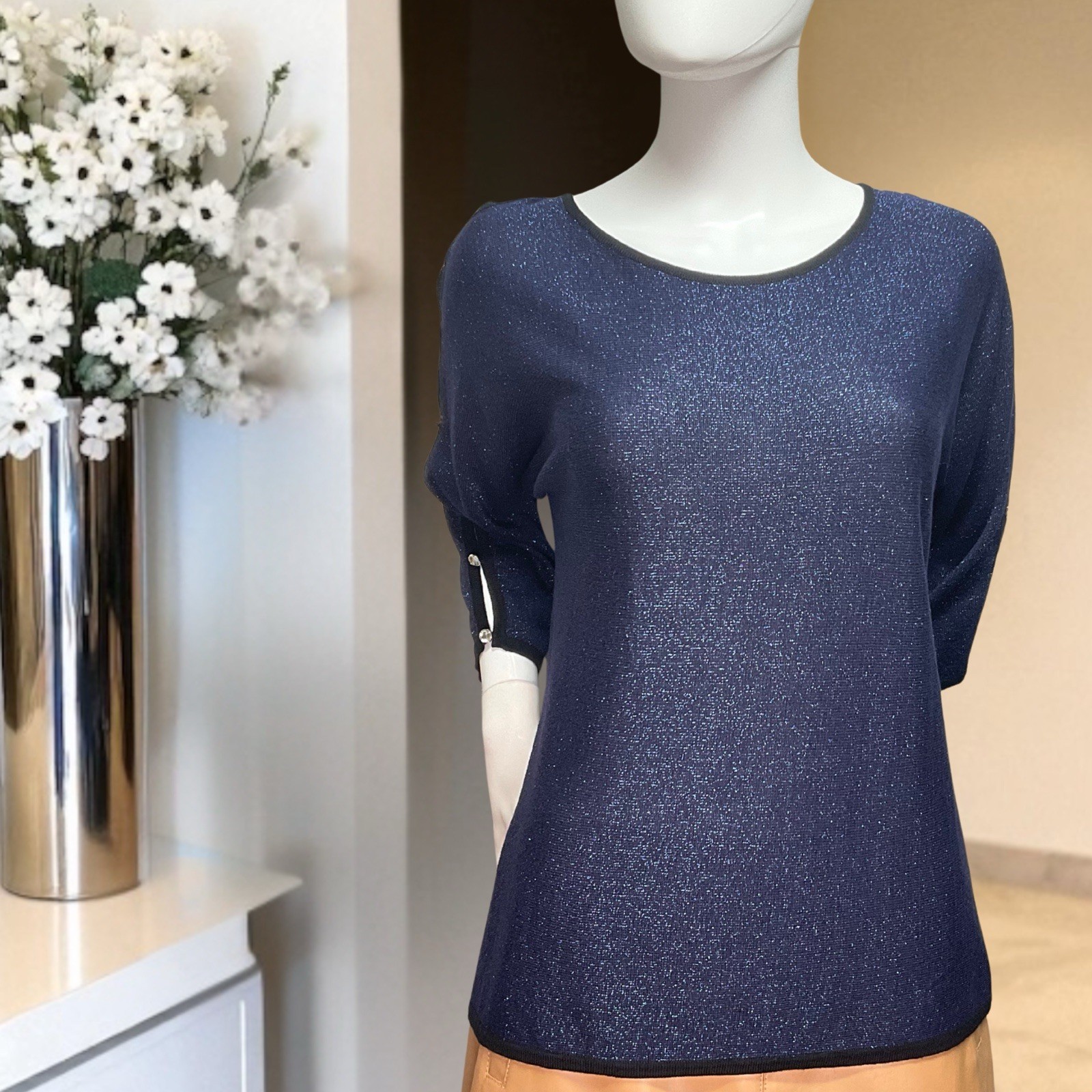 Womens Blue Metallic Top By Fontana Embellished Sleeve Detail Shimmer Dressy Top