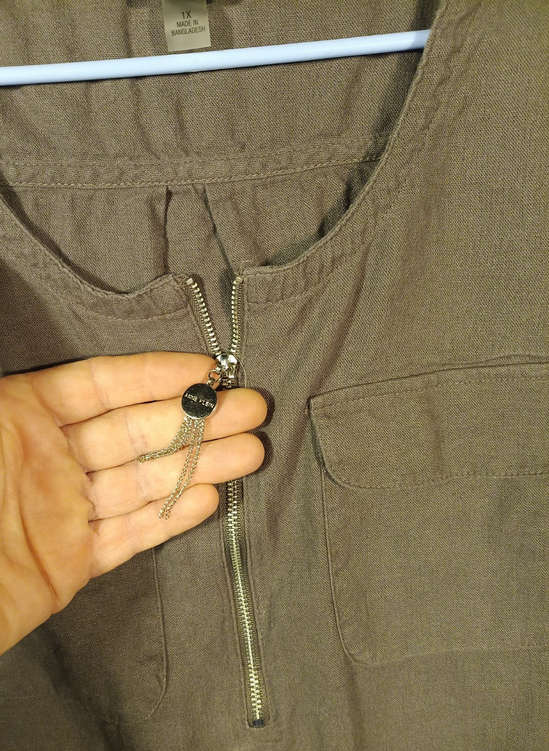 Anne Klein 1/2 Zip 1/2 Sleeve Linen Viscose Gray Top Shirt Embellished Zipper 1X