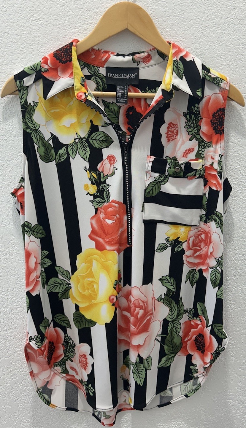 Frank Lyman Womens Floral Striped Blouse Size 8 Sleeveless Zipper Top 191466