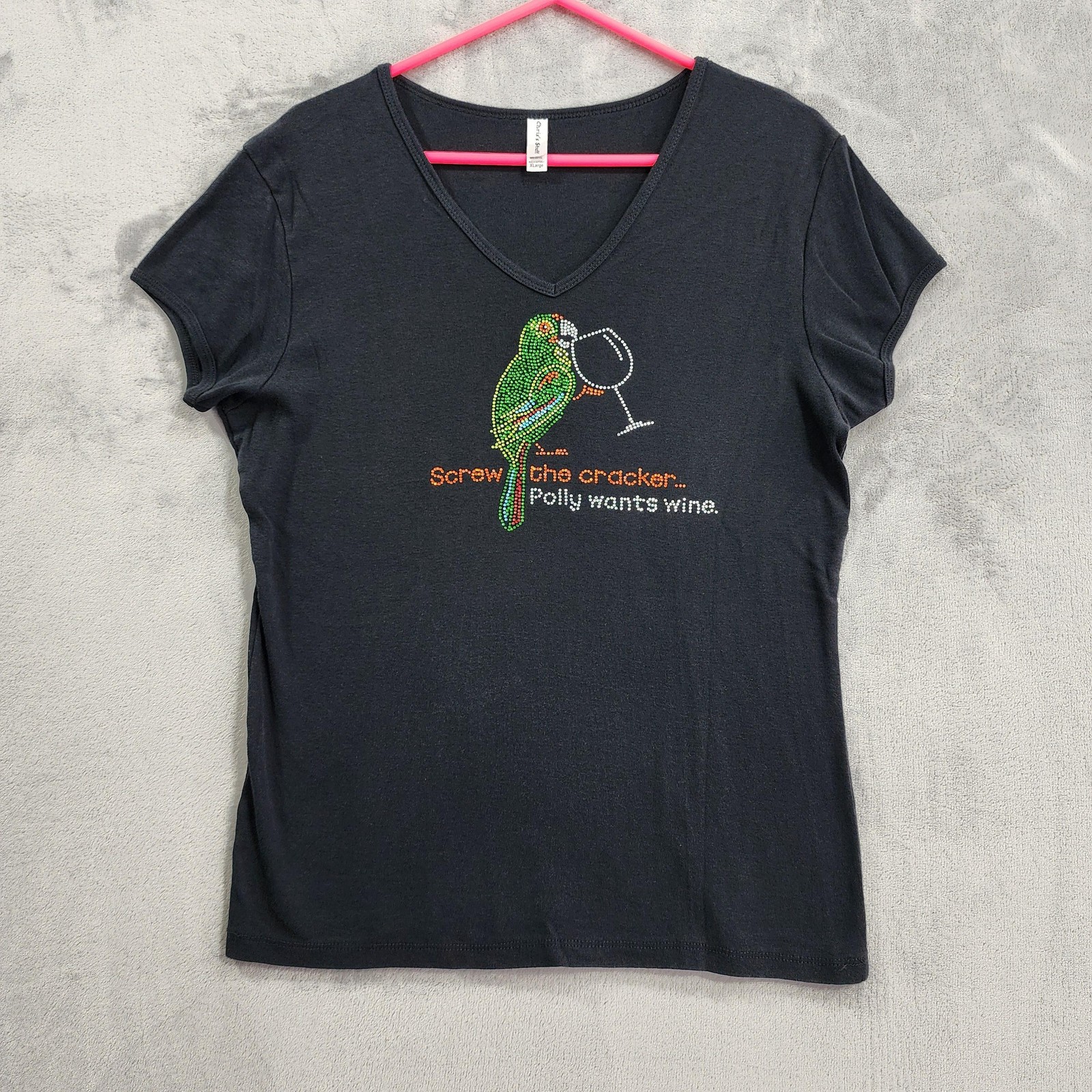 Chris’s Stuff Shirt Womens XL Black V-Neck Polly Wants Wine Parrot Rhinestone