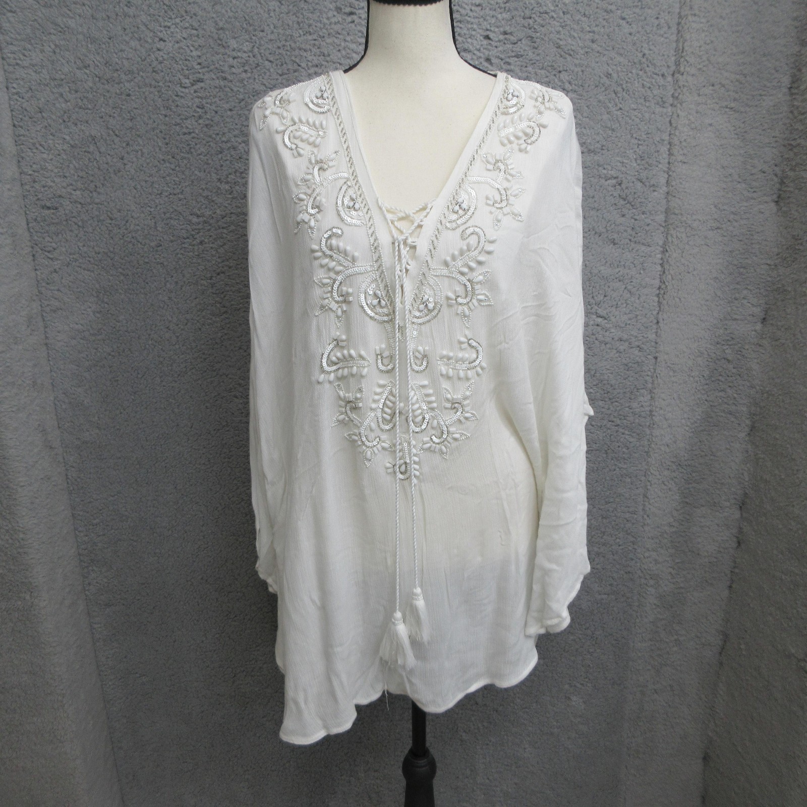 Chicos Beaded Poncho Cover Up S/M White Boho Tassel Beach 100% Rayon New