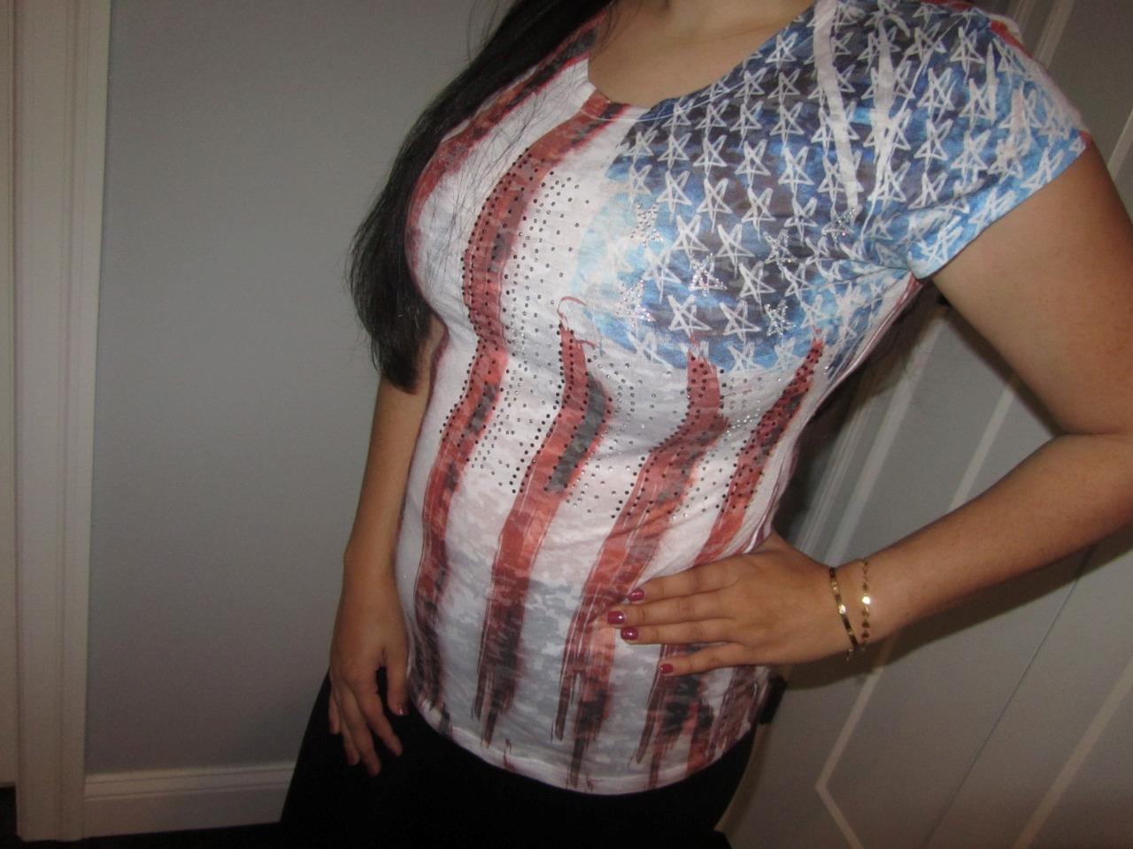 I.N.C. International Concepts Burnout BLING Flag Stars T Shirt Top Women’s P S