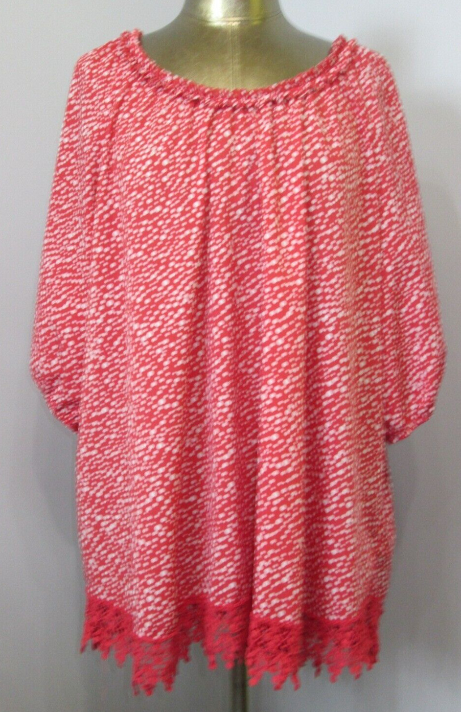 Woman Within Red Polka Dot Top Womens 1X Chest 53 Pleated Ruffle Lace 308-29857