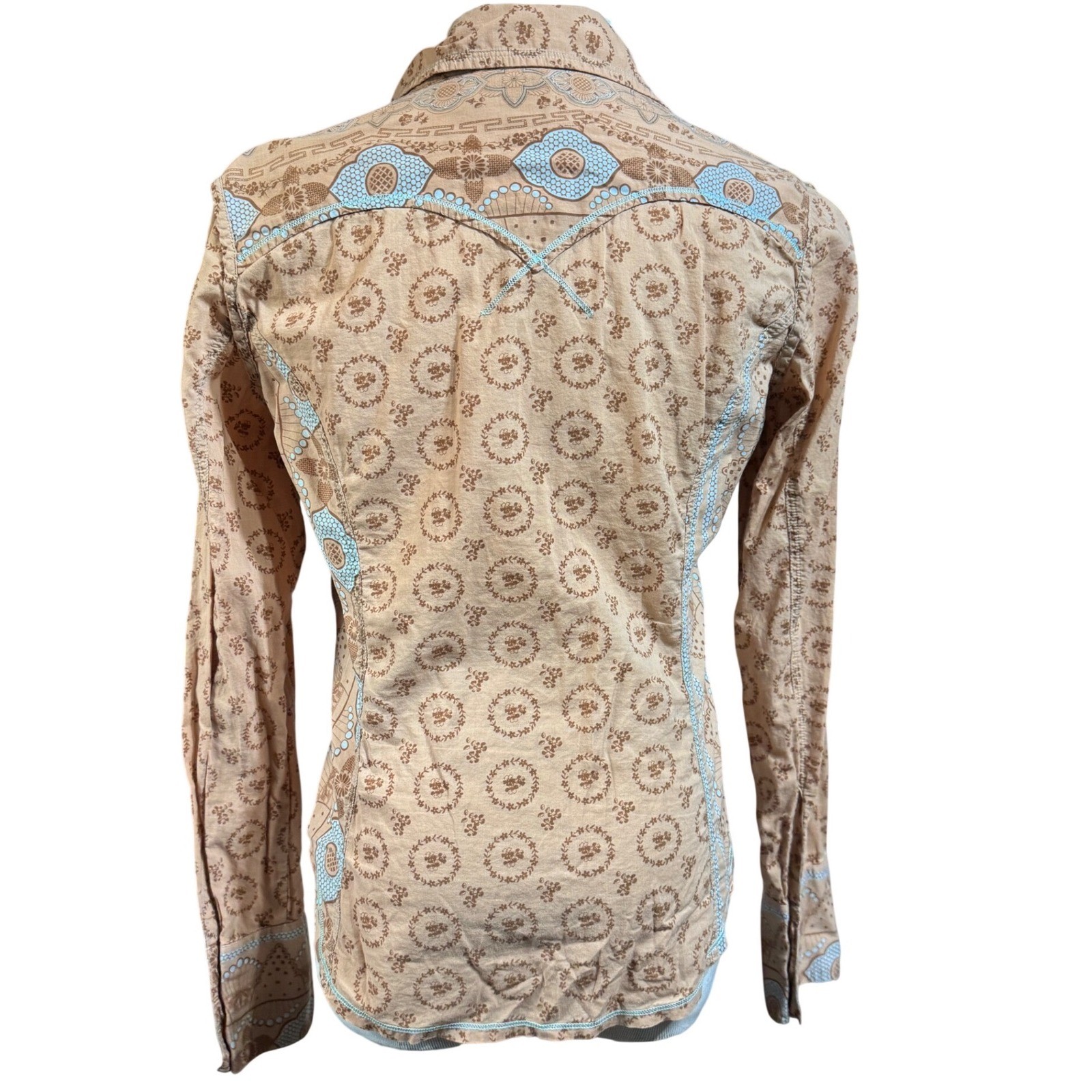 Cruel Girl Western Snap Shirt Womens Medium Embroidered Tan Turquoise Snaps