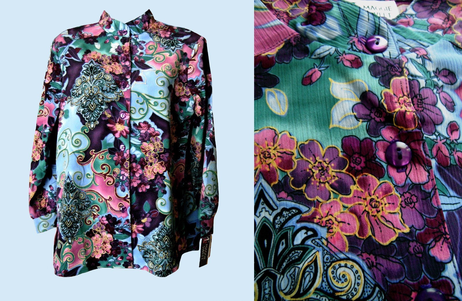 MAGGIE SWEET ABSTRACT FLORAL POLYESTER YORYU TUNIC, NWT, BUST ABOUT 42″, SIZE PS