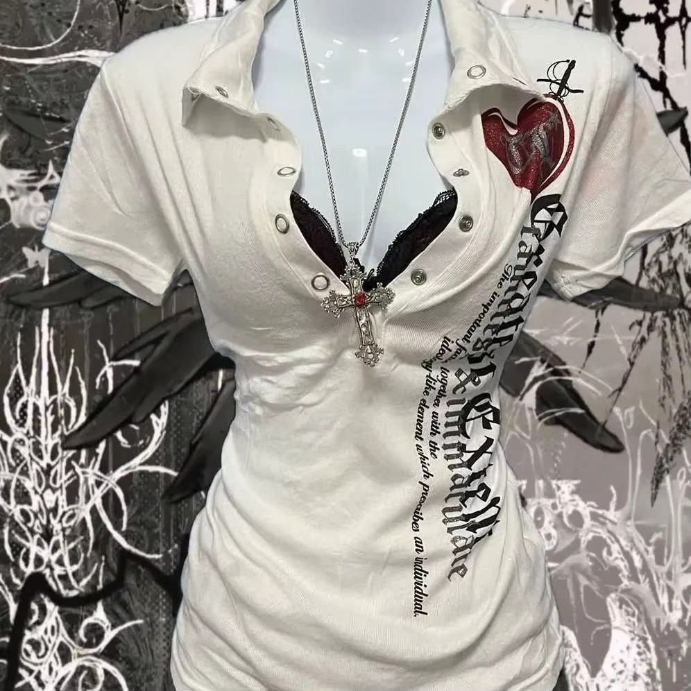 Gothic Heart Graphic Polo Top Womens Emo Grunge Slim Fit Shirt Button Y2K S-XL