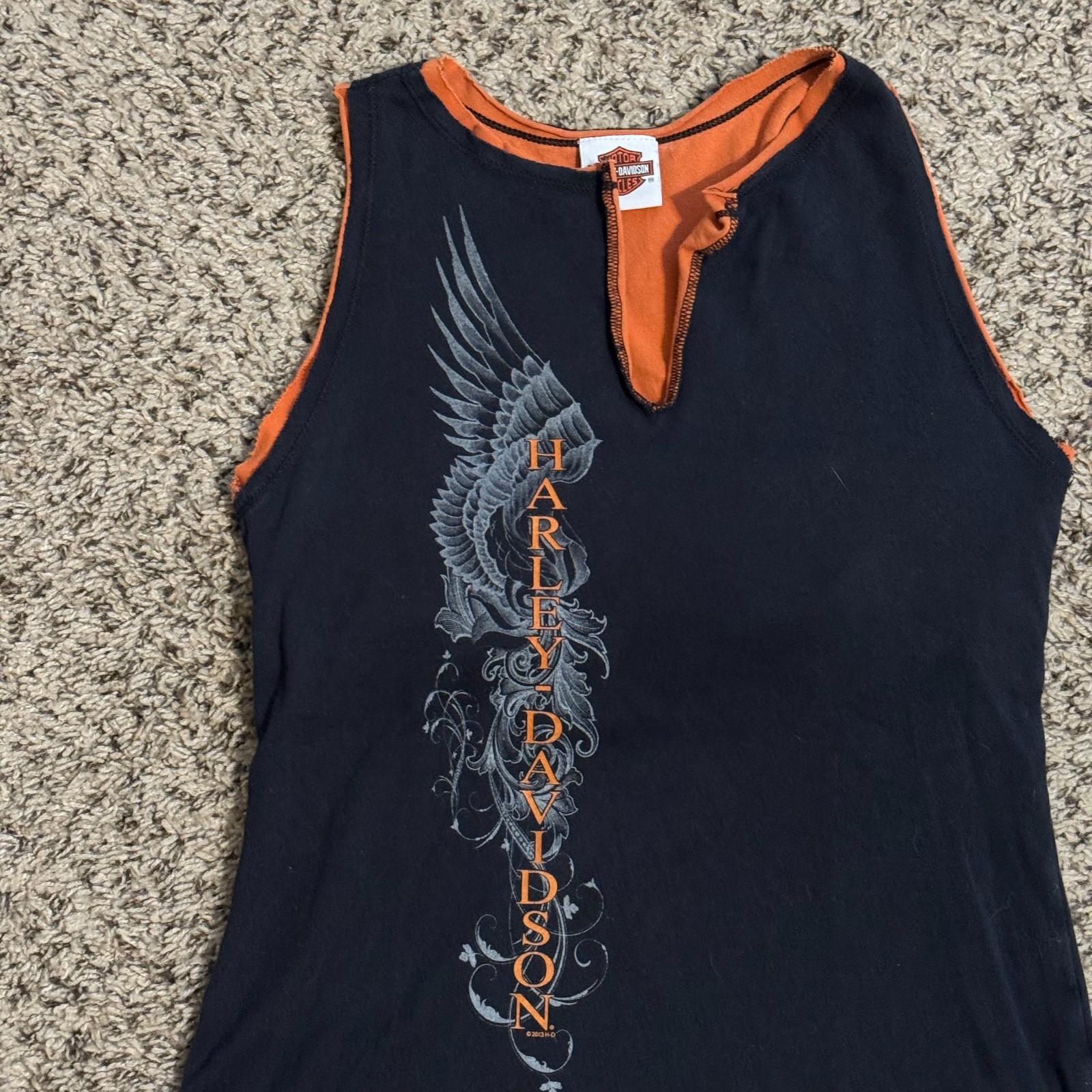 Harley Davidson 2013 Black Orange Sleeveless Stretch Top Womens Large Inner Bra