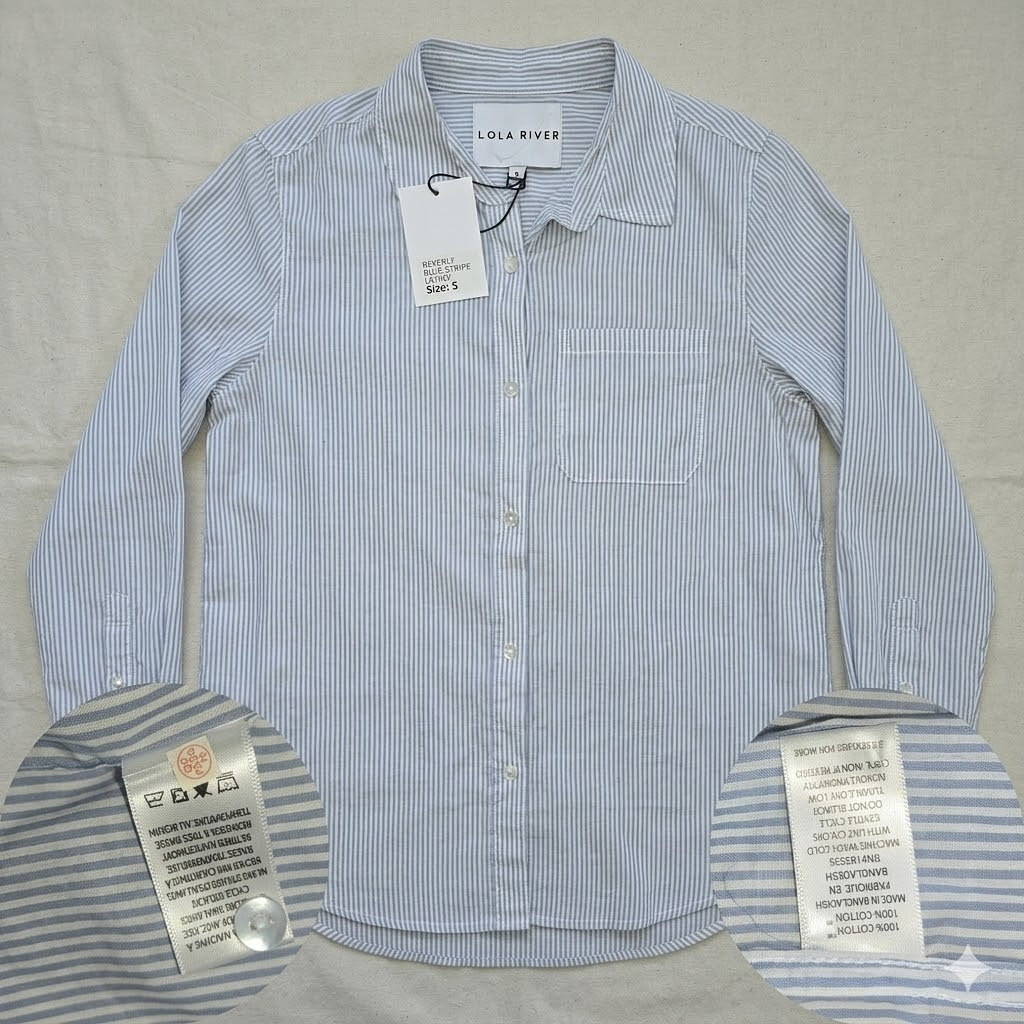 Lola River Striped Casual Shirt Size S Blue White Collared Button Up 1 Pocket