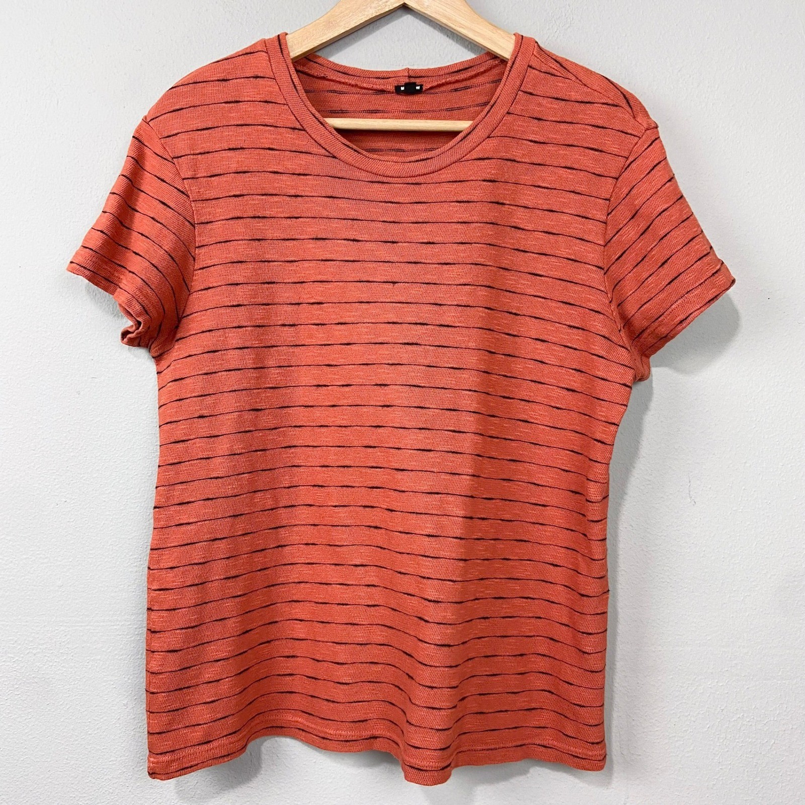 Monrow Striped Knit Top Sz M Spice Rust Orange Crewneck Scandi Minimalist USA