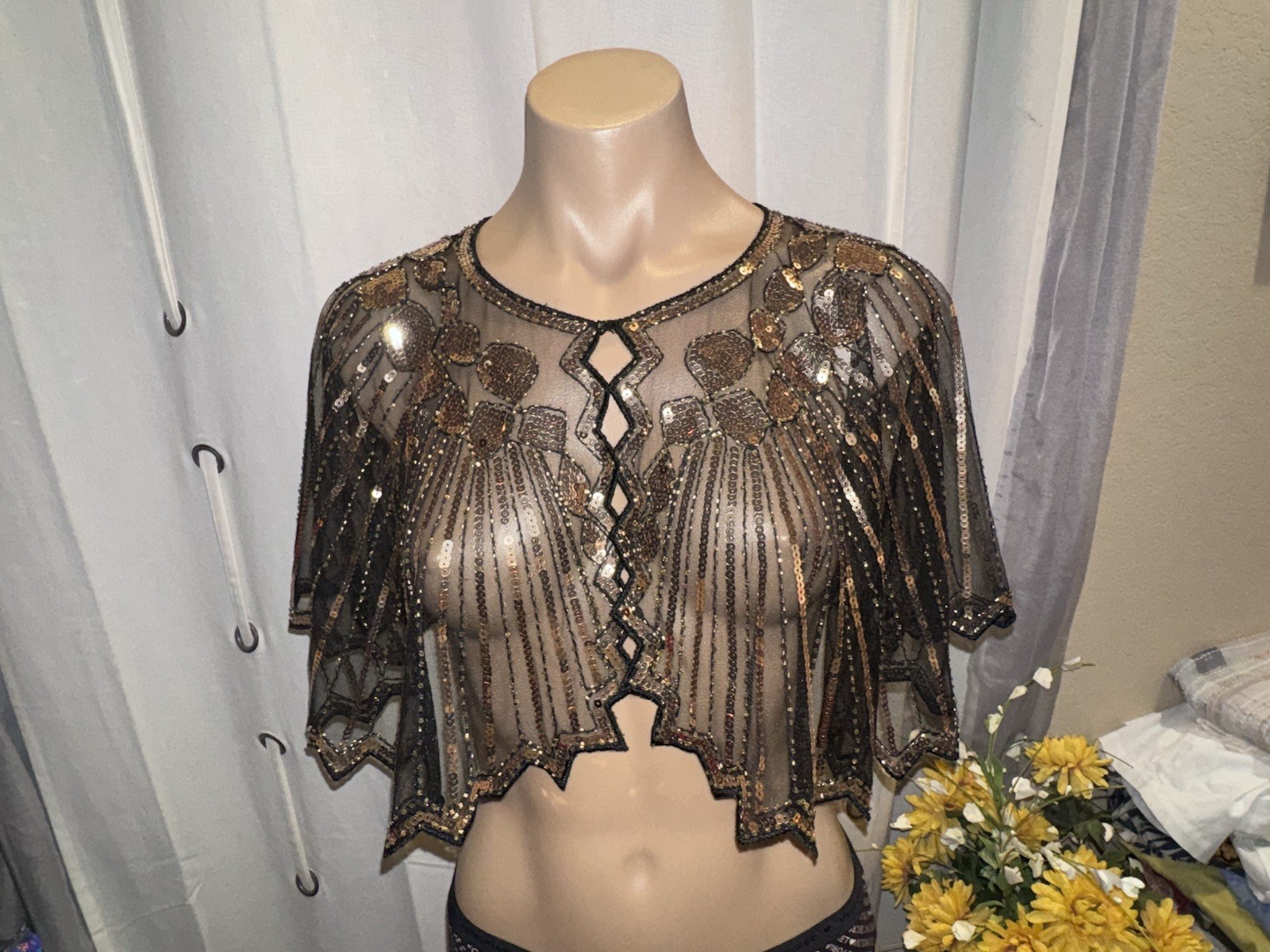 Black w/Gold Sequin Sheer Poncho Top Topper Size O/S GORGEOUS!!