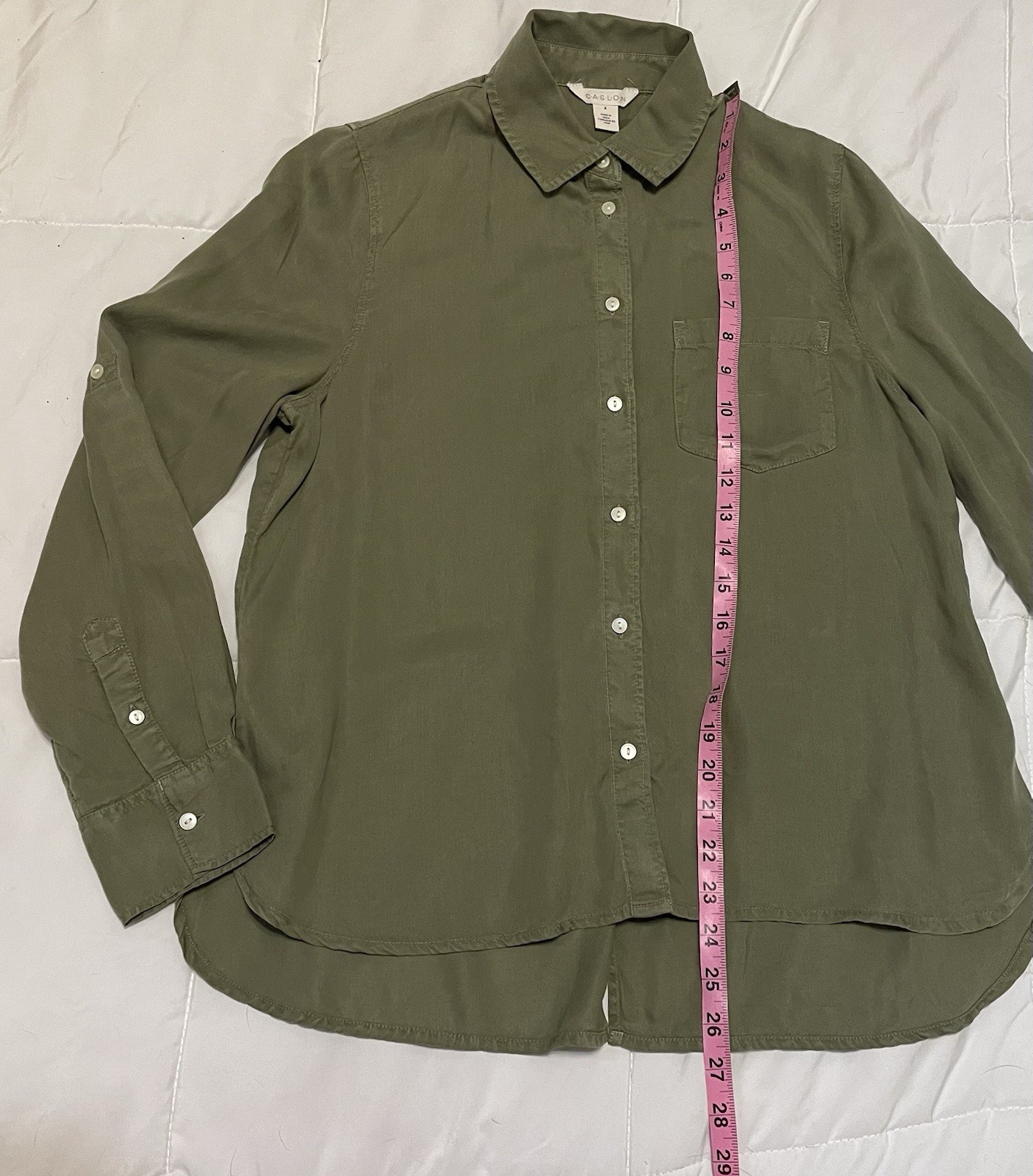 NWT Caslon Olive Green Women’s Roll Tab Sleeve Button Down Blouse Small Hi Low