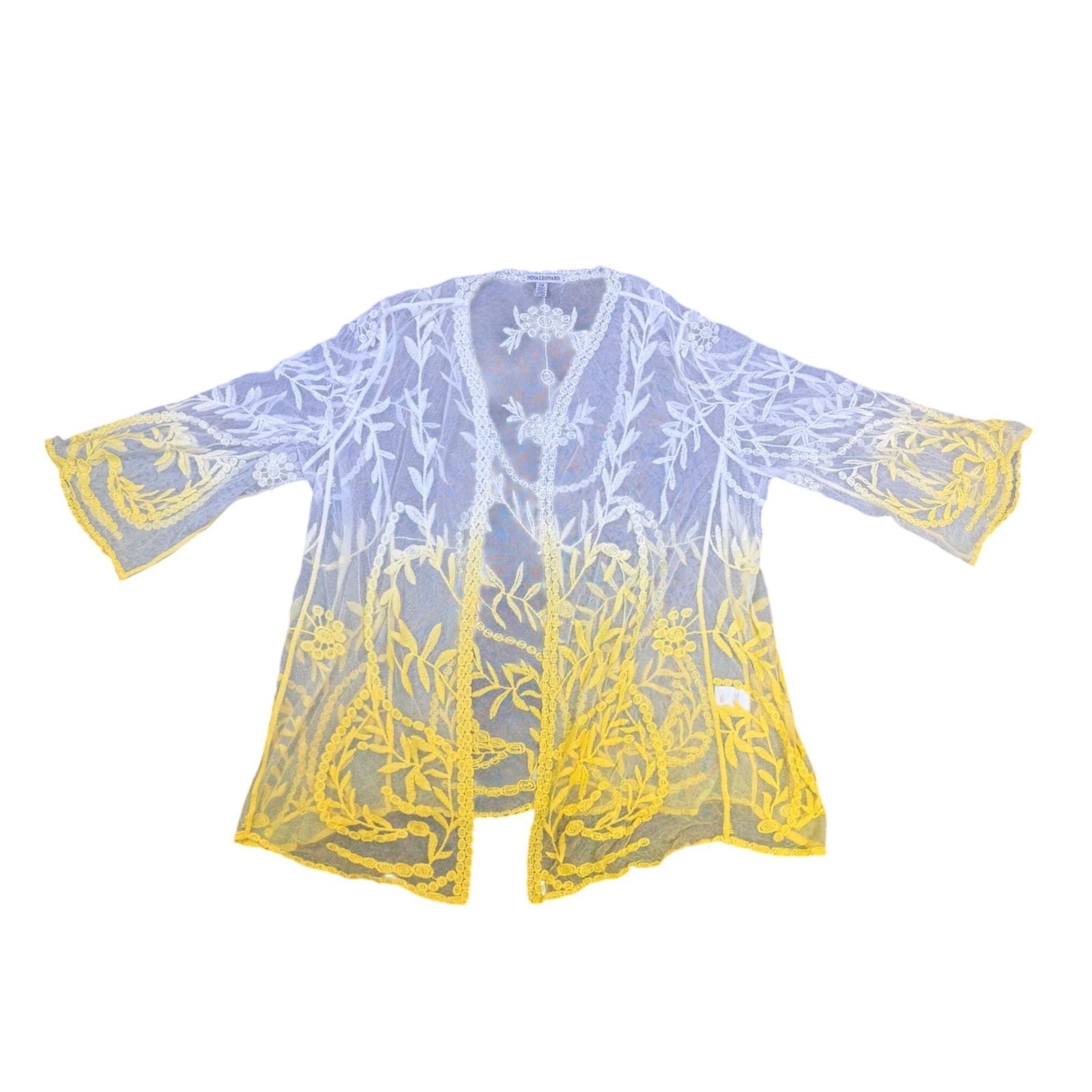 Nina Leonard Womens White & Yellow Lace Embroidered Open Front Topper Sz 2X