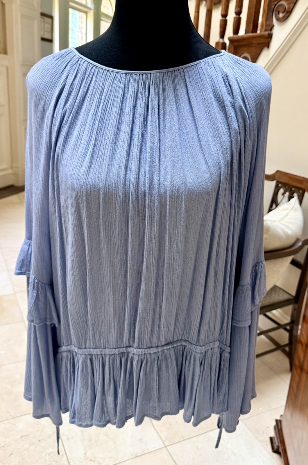 ENGLISH FACTORY BOHO Peasant Blue Billowy Crinkle Blouse Sz S/Fits M – EUC