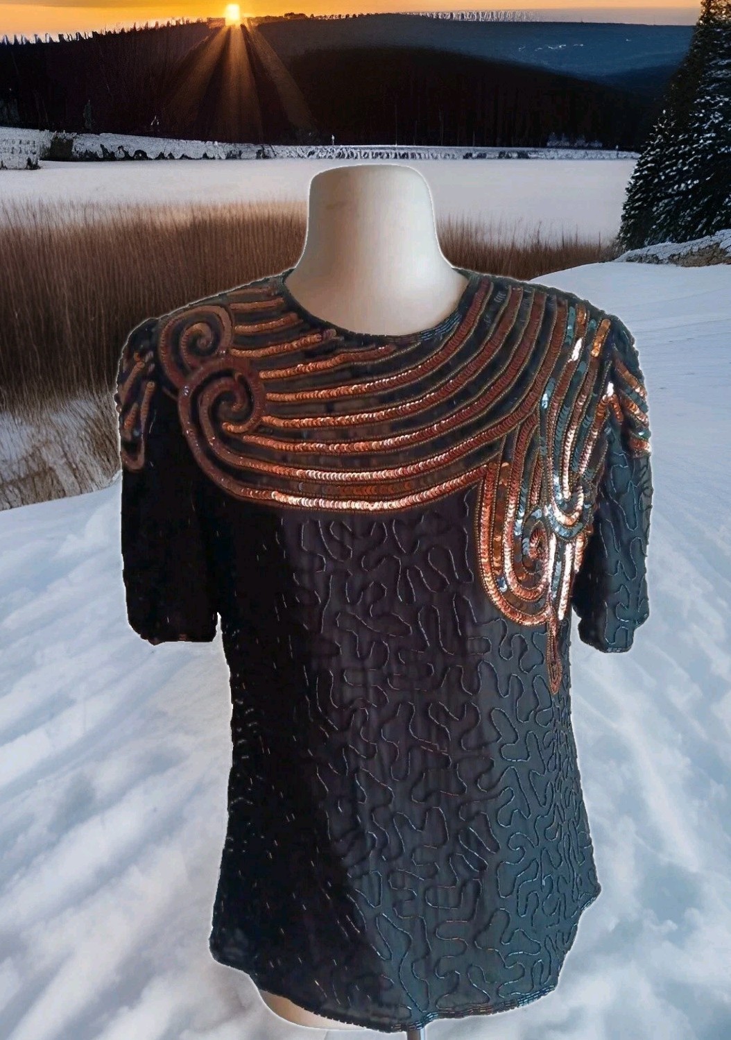 Laurence Kazar New York Sequins Cocktail Party Sequines & Black Tube Beadng Sz M