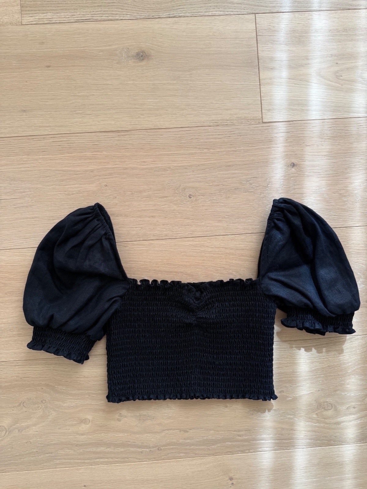 Reformation Mora Linen Smocked Crop Top in Black-Size S