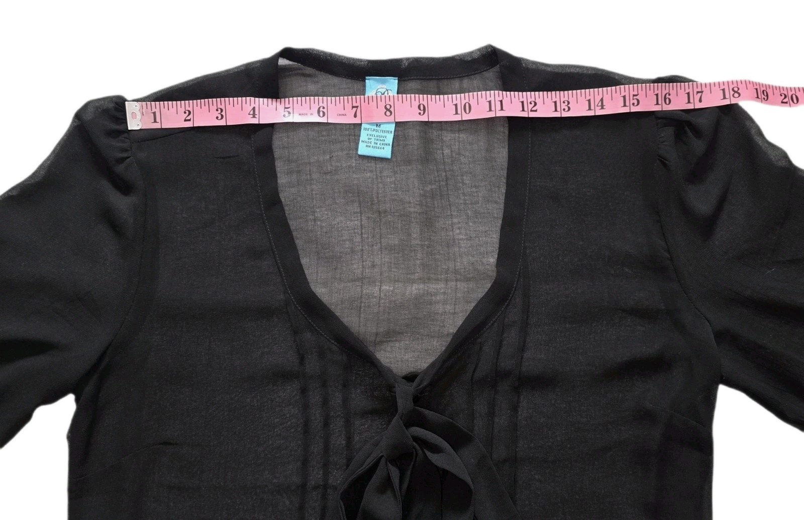 D Collection Black Button Up Pleate Front Tie Ruched Sheer Blouse Women’s Size M
