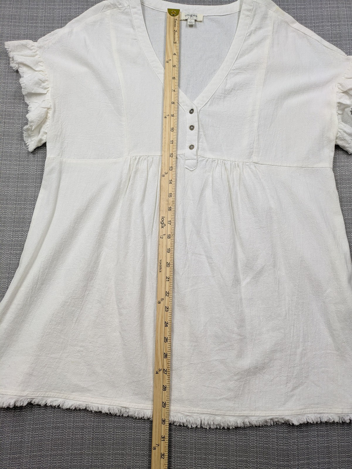 Umgee USA Tunic Blouse Womens Large L White Cotton V Neck Flutter Sleeve Fringe