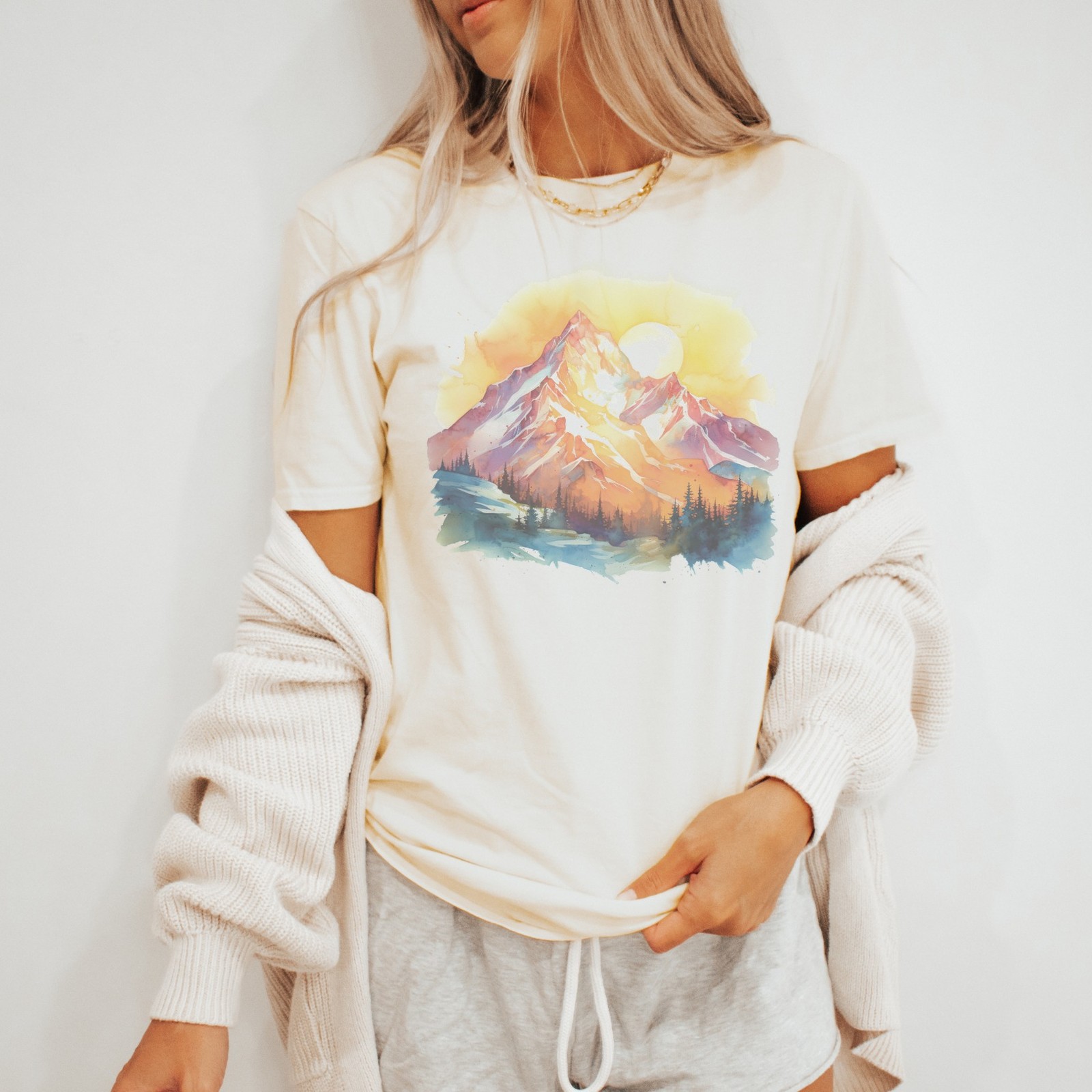 Sunset Mountain Watercolor Graphic Tee Natural Heather