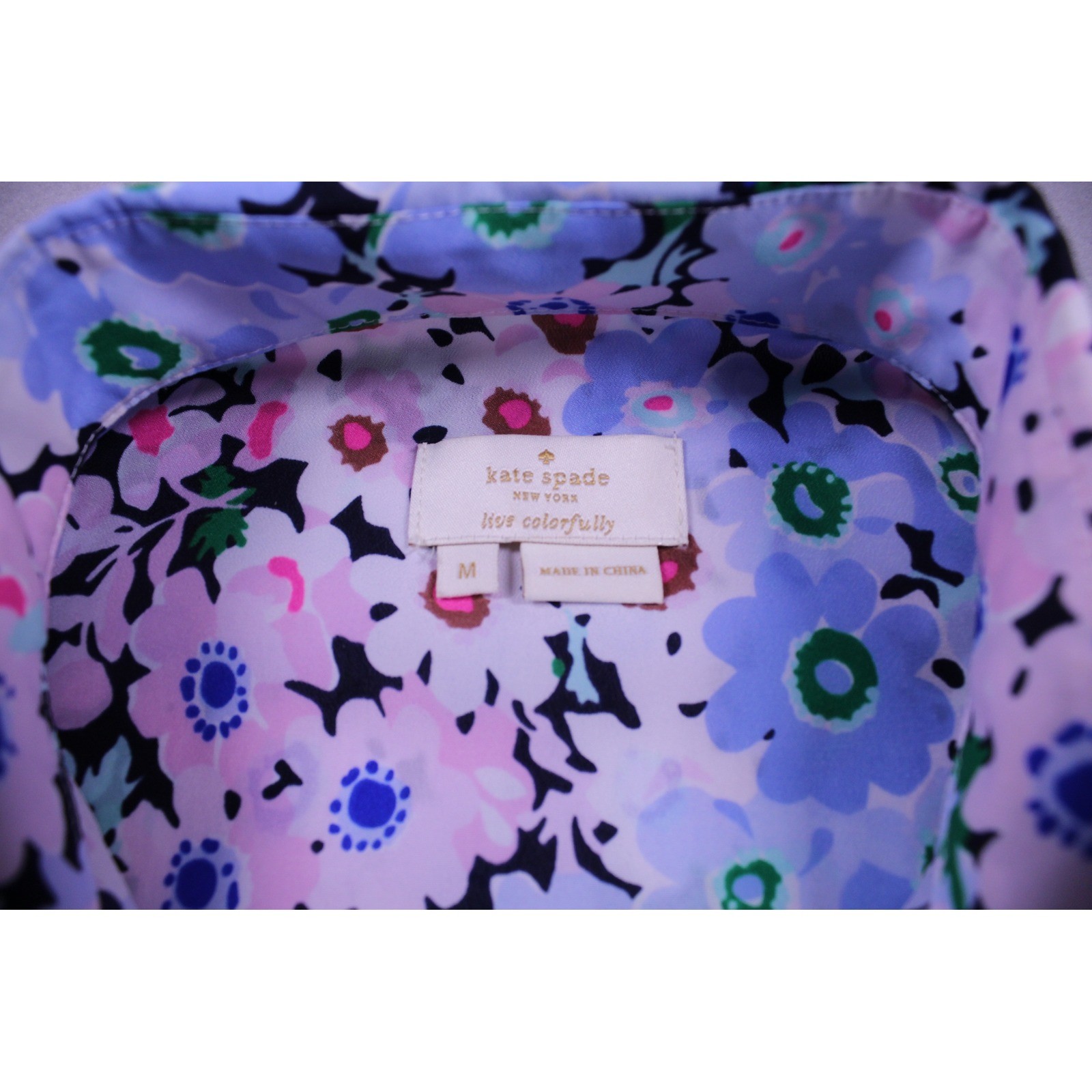 Kate Spade New York Womens Floral Ruffle Sleeve Button Down Top Pink Blue Medium