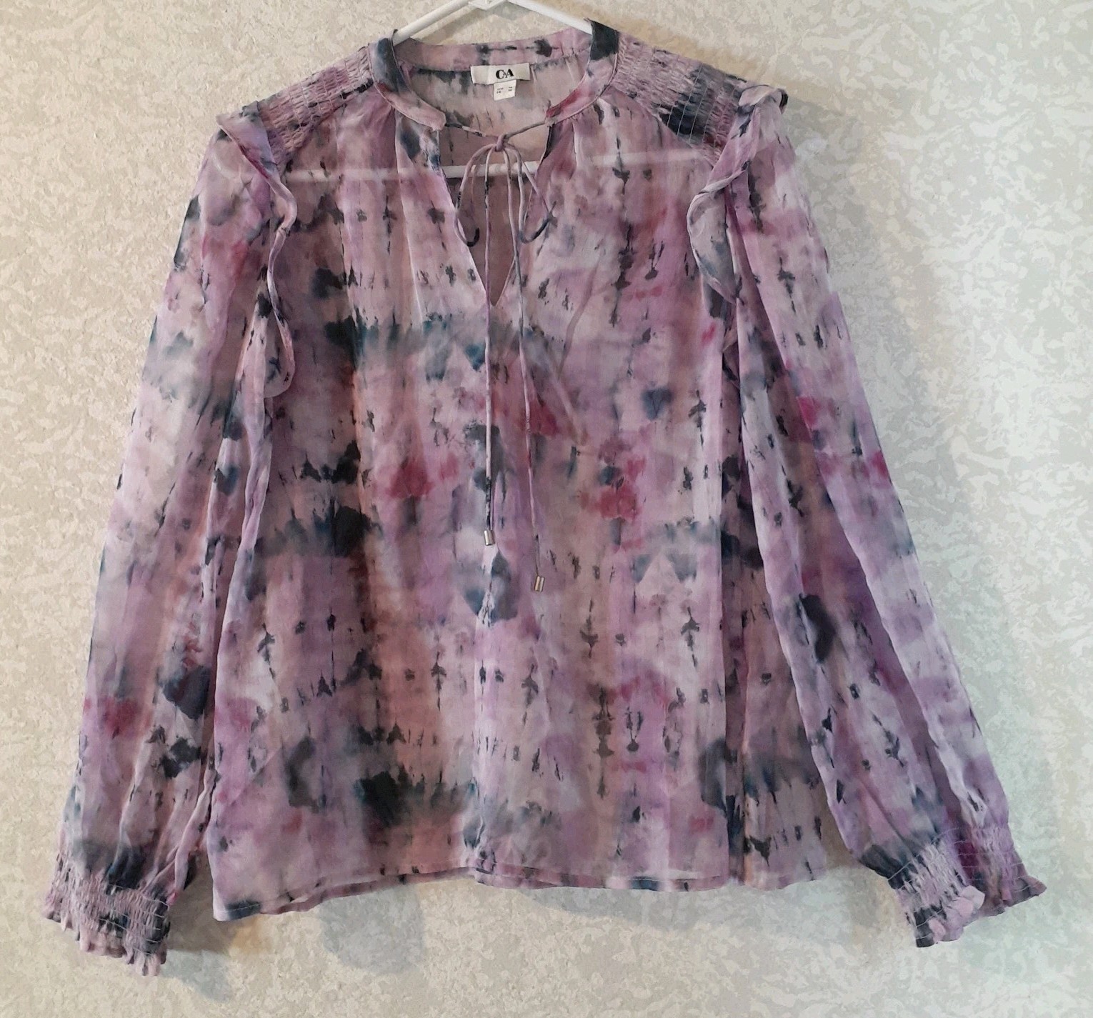 C&A European Womens Top Sheer Pink Purple Tie Dye Stand Up Long Sleeve Boho Sz M