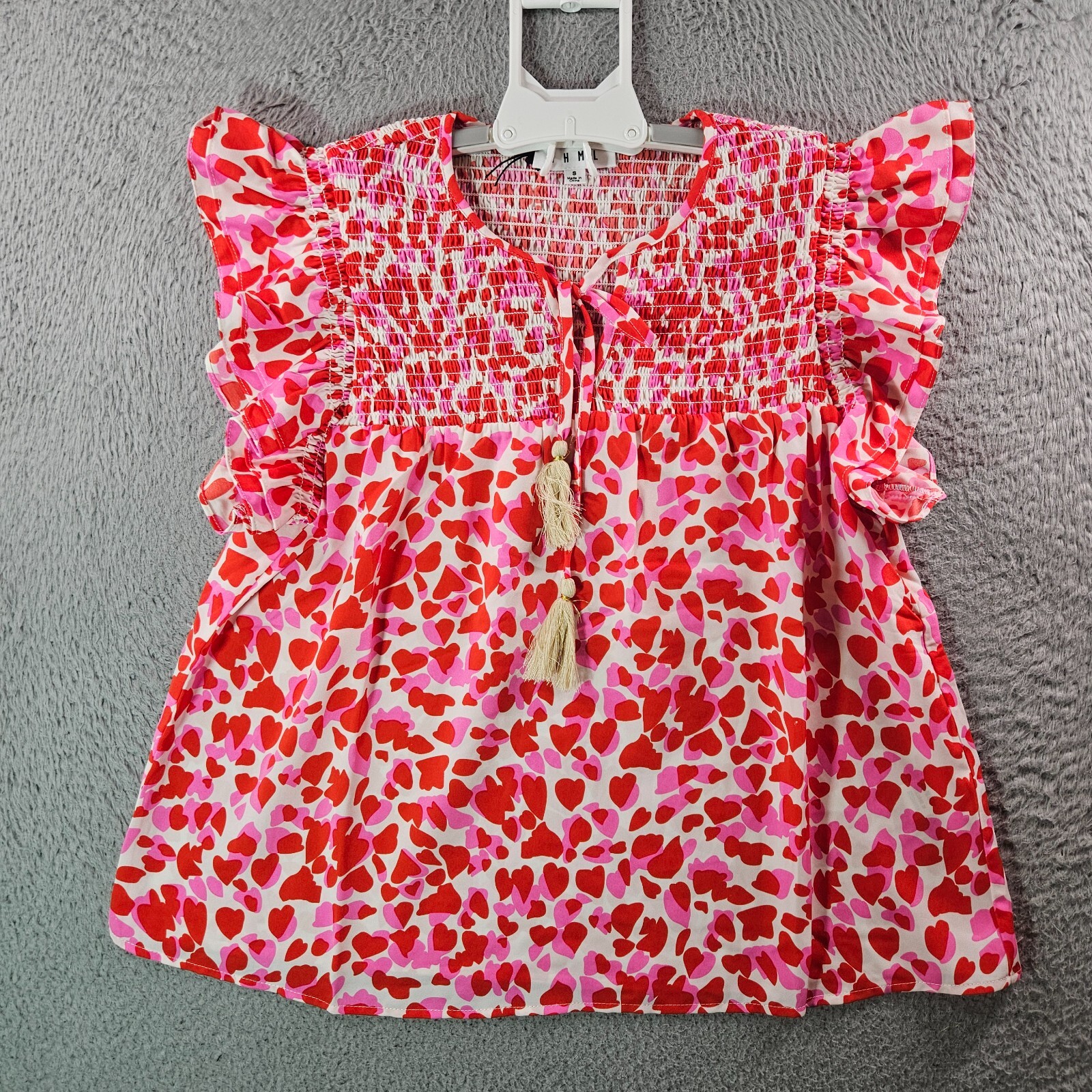 NWOT THML Top Women Small Heart Print Tassel Red Pink White Valentine