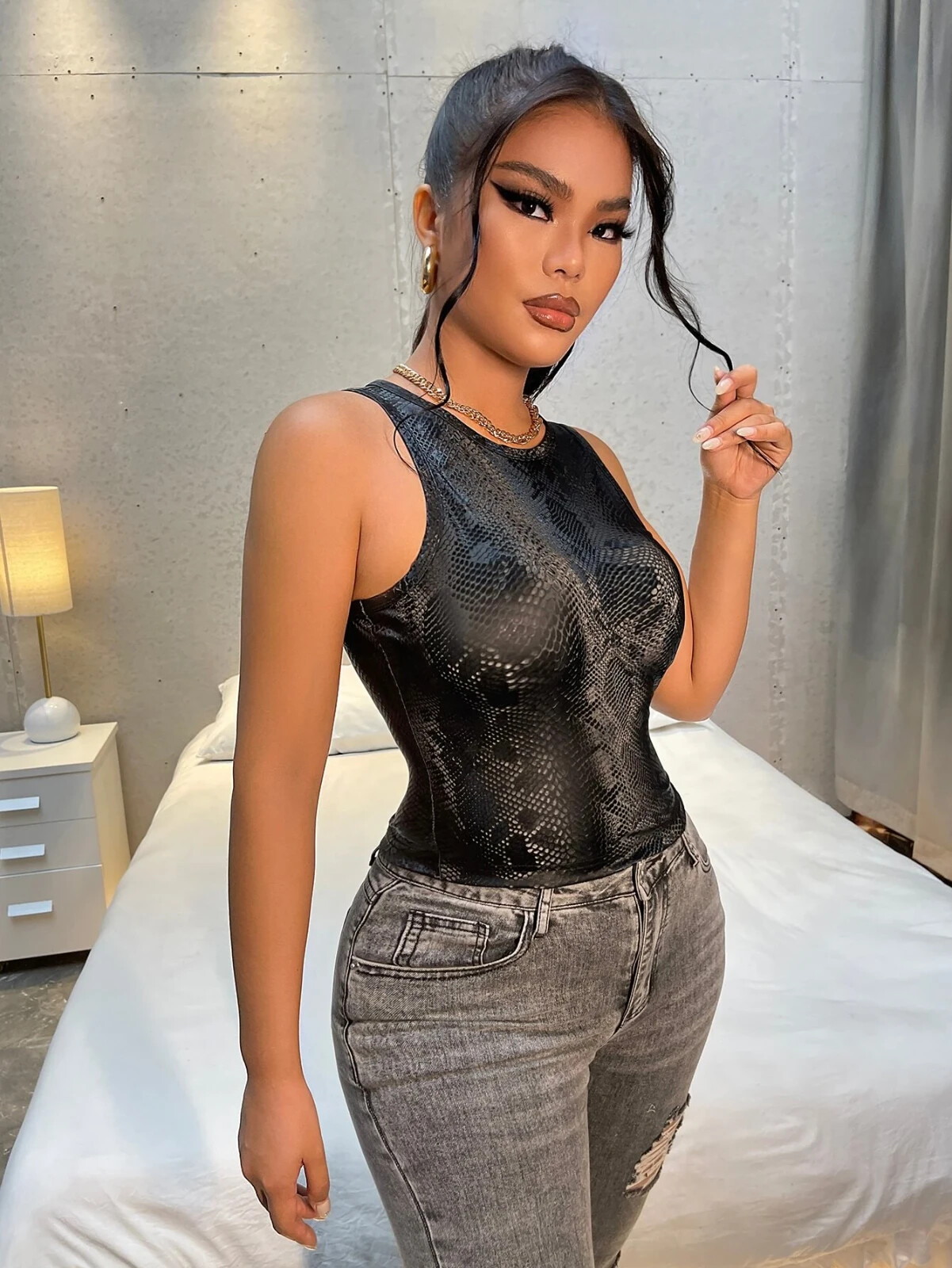 Sexy Snakeskin Print PU Leather Black Tank Top Crop Bustier Cami Biker Clubwear