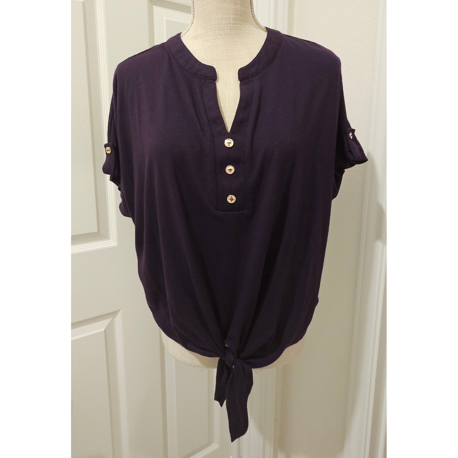 Parallel Skies Womens Purple Tie Front Henley Top Short Sleeve Dolman Blouse L
