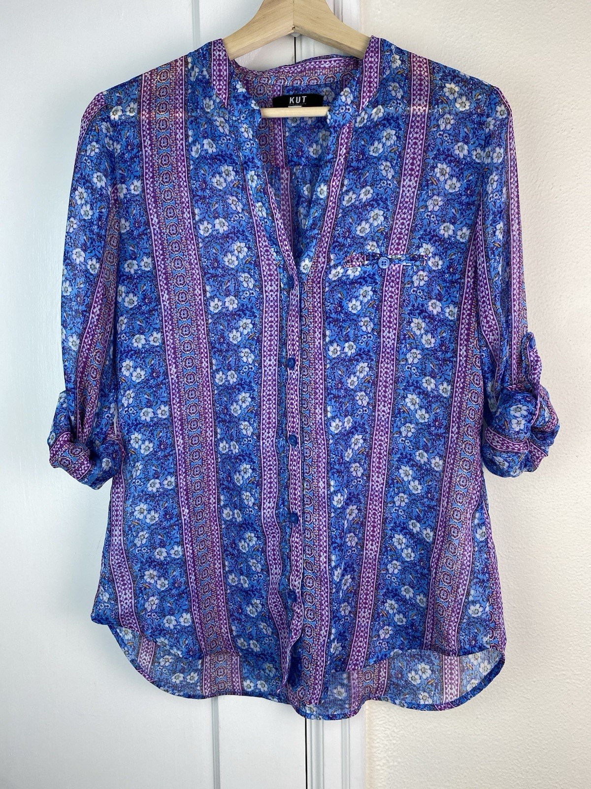 KUT from the Kloth Womens S Blue Purple Sheer Striped Floral Button Up Tunic Top