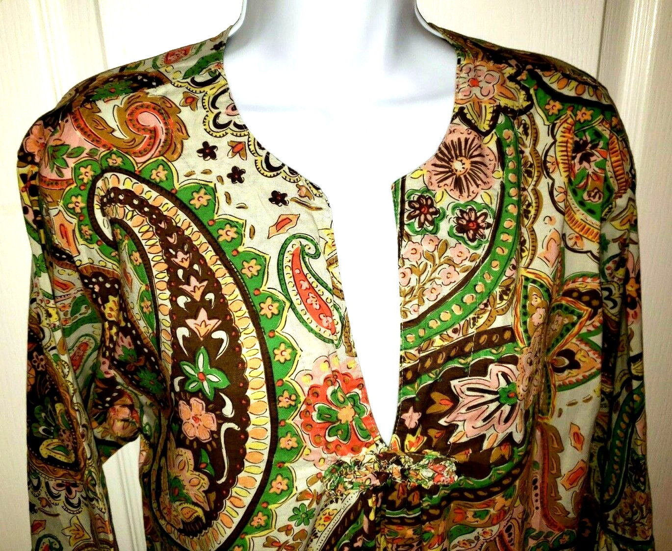 Kiyomi Tunic Top Peasant Small S Cotton Brown Green White Paisley Loose Flowing
