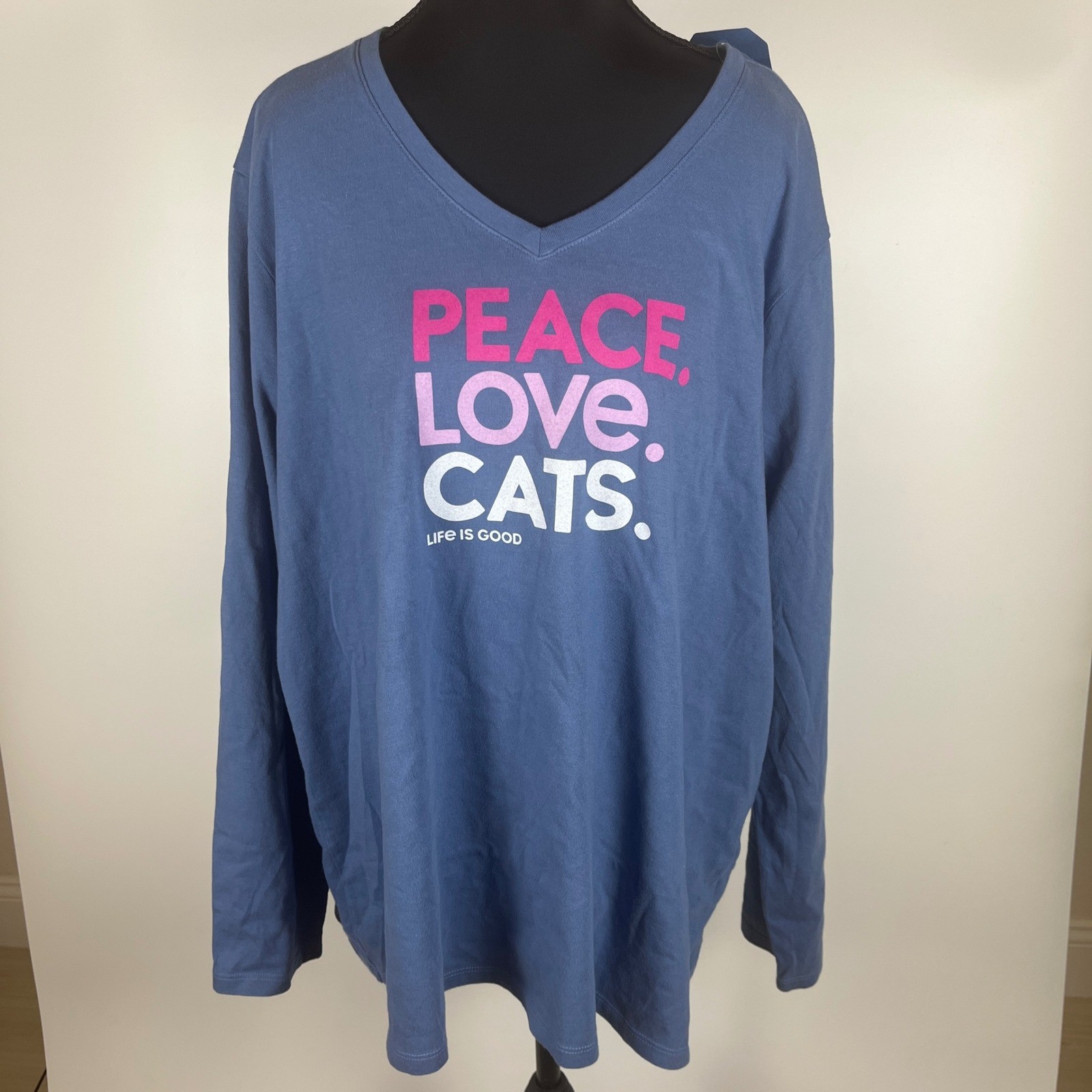 Life is Good Peace Love Cats Crusher Long Sleeve V-Neck Shirt Blue NEW Sz 2XL