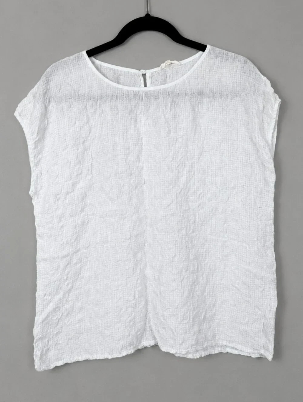 Eileen Fisher Linen Blend Textured Gauze Boxy Top White Keyhole Back Small