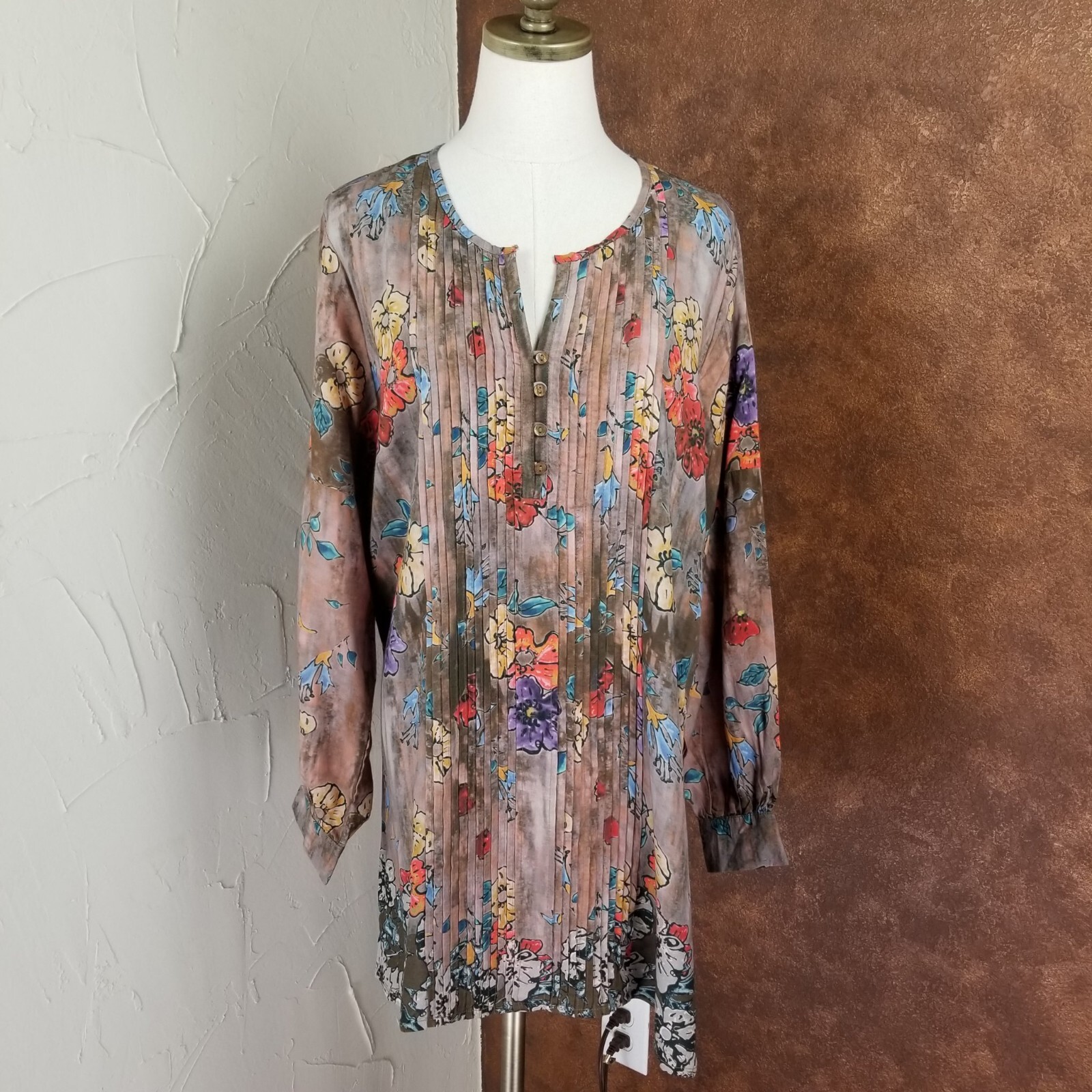 NWT Tolani Monique Tunic Top Womens Size S Bronze Multicolor Floral Pleated