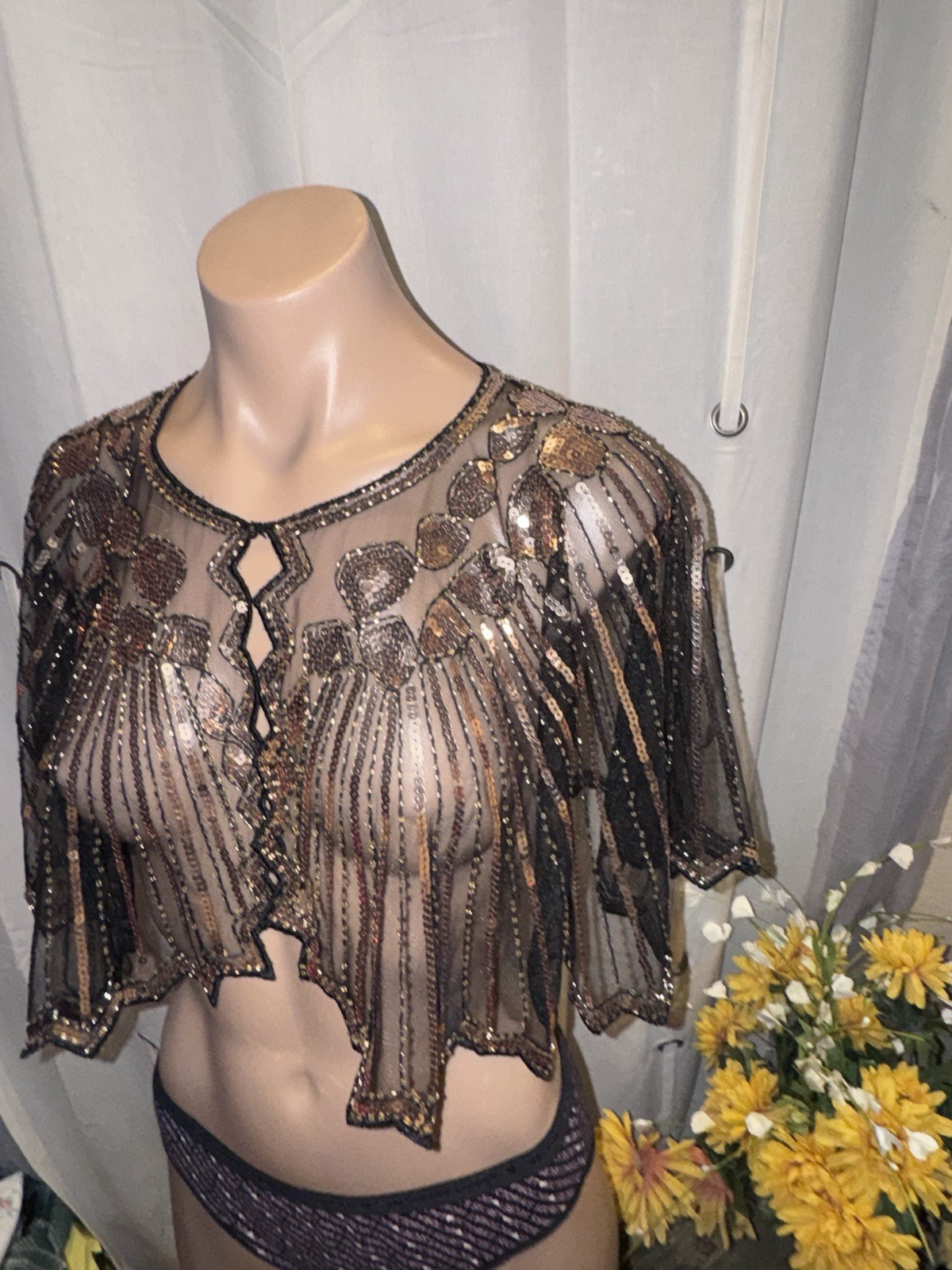 Black w/Gold Sequin Sheer Poncho Top Topper Size O/S GORGEOUS!!