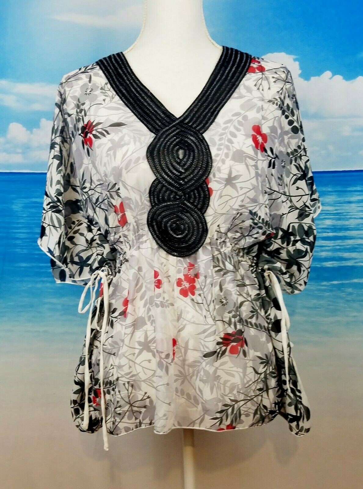 STUDIO Y Womans Sheer Shirt Lightweight Butterfly top Gathered Tie Waist size Sm