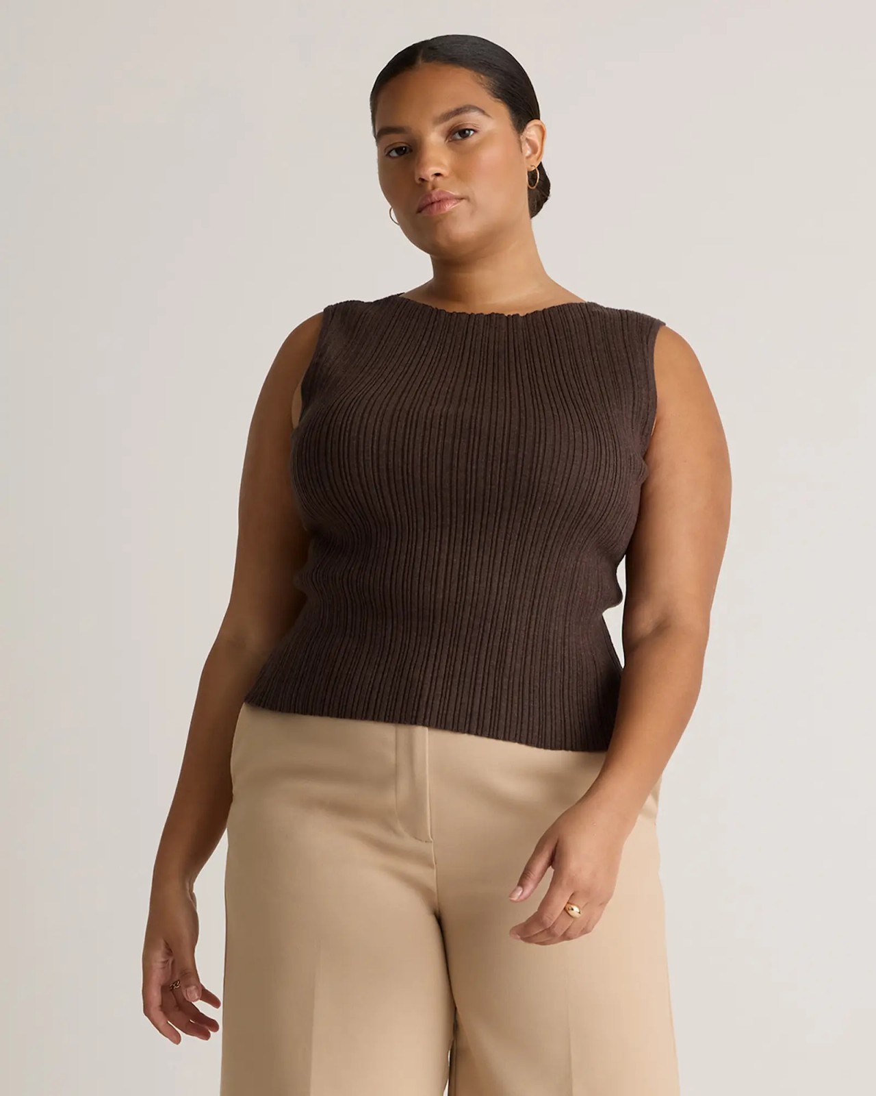 NWT Quince Cotton Cashmere Ribbed Tank Mocha Heather Brown Medium M
