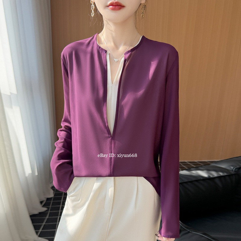 summer Women’s Loose Round V-Neck Elegant Color-Plaid French Wash Satin Blouse