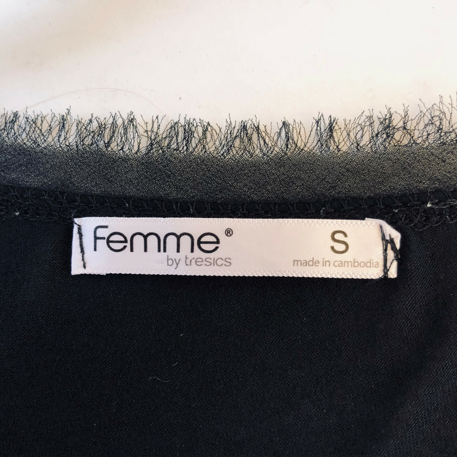 Femme By Tresics Black Blouse Top Cap Sleeve SHEER TRIM Womens size Small