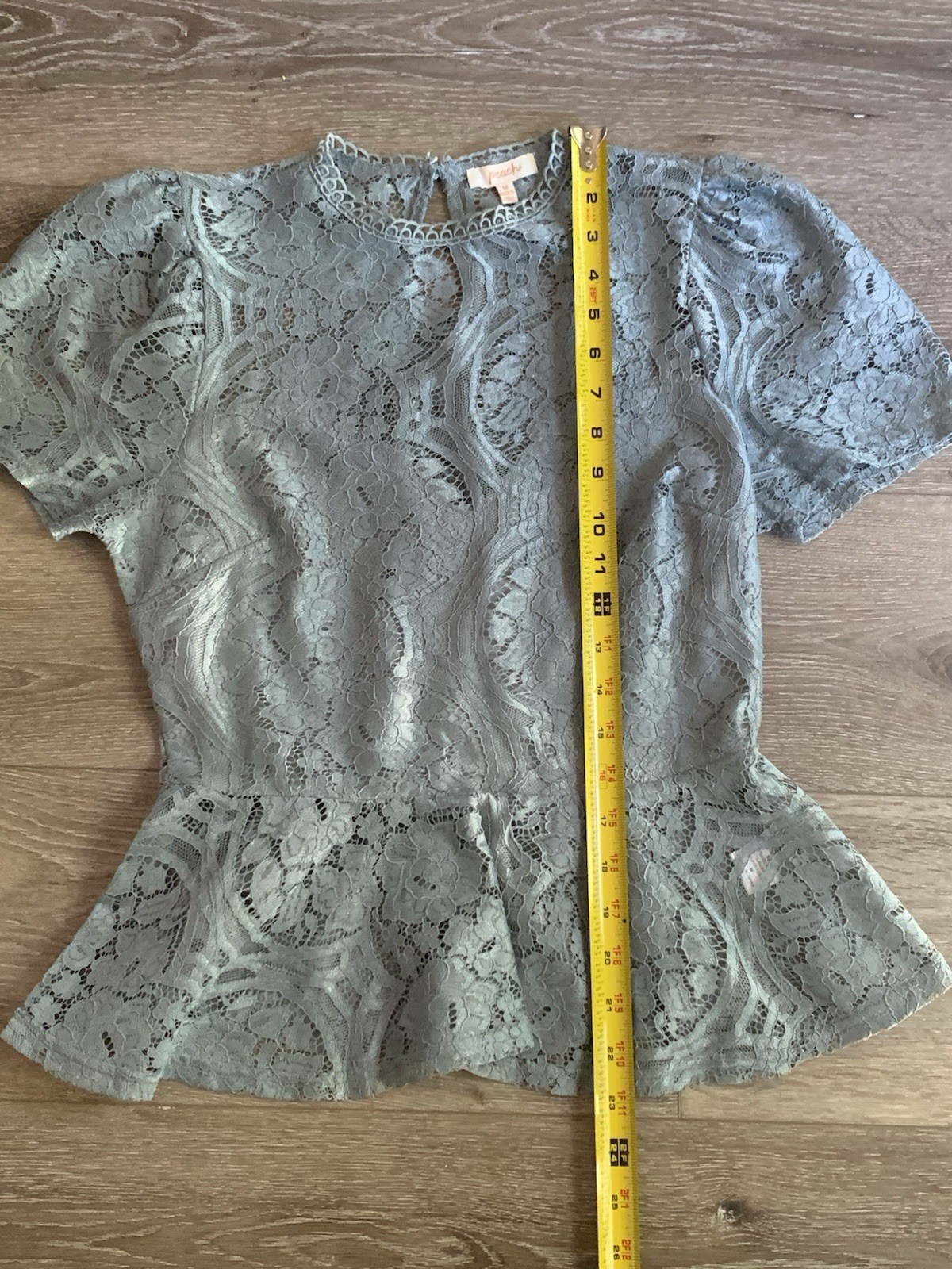 PEACH Womens Size Medium Blouse Shadow Green Lace Cinched Waist Short Sleeve