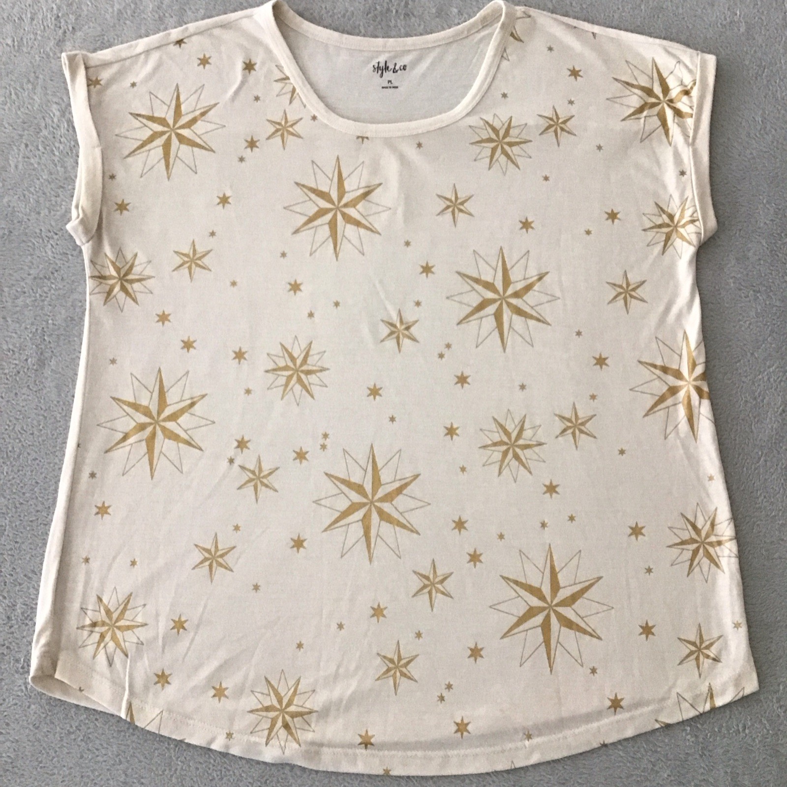 Style & Co Women’s PL Petites White Gold Star Print Round Neck Short Sleeve
